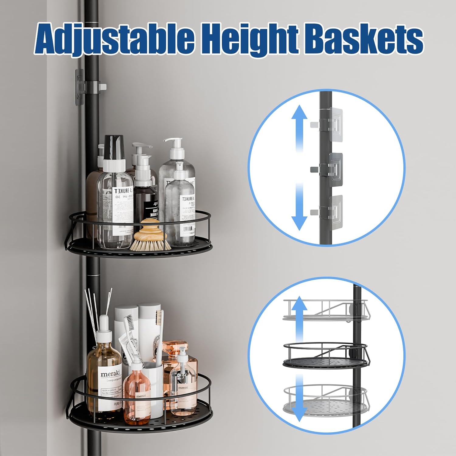 HOUSE AGAIN Corner Shower Caddy Tension Pole with Rotatable Shelves, 4 Ties Adjustable Shelves and 2 Hooks for Bathroom, Rustproof Shower Organizer and Storage, Pole Fit 43-114 Inch Height