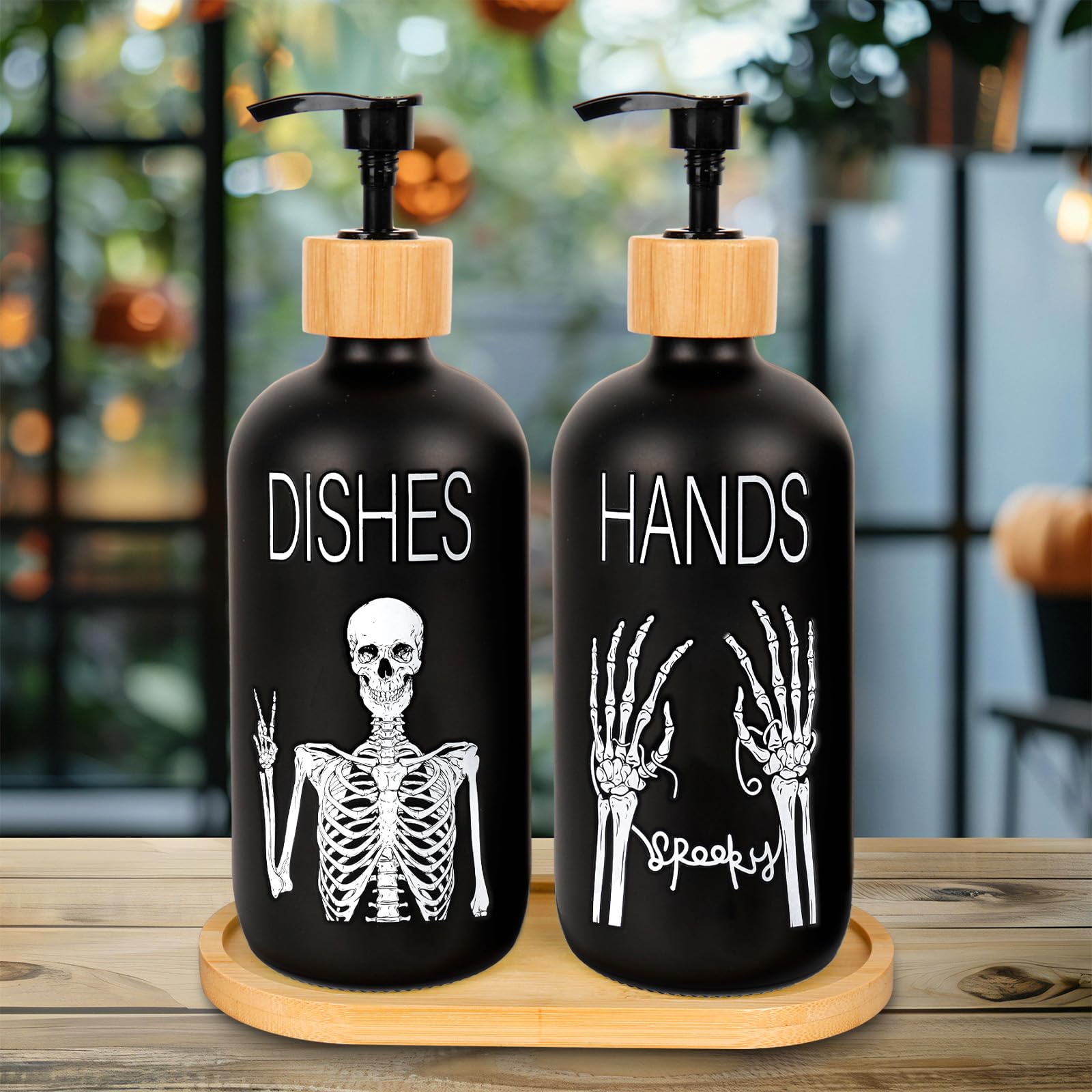 Whaline Halloween-Seifenspender, schwarz, gruseliges Skelett, Handseifenspender mit Pumpe, nachfüllbarer Flüssigkeitsbehälter für Süßes oder Leckereien, Heimdekoration, 2 Stück