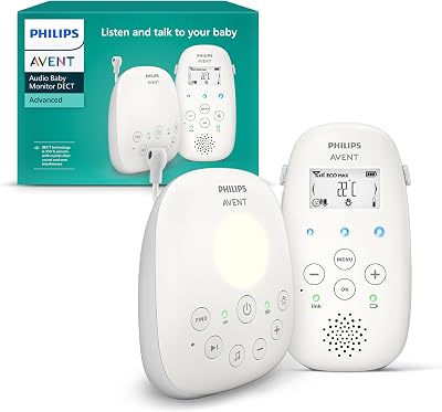 Philips Avent DECT Audio Baby Monitor luce notturna e ninne nanne, comunicazione bidirezionale, portata di 330 m, autonomia wireless fino a 18 ore, sensore di temperatura, audio nitido, SCD713/26