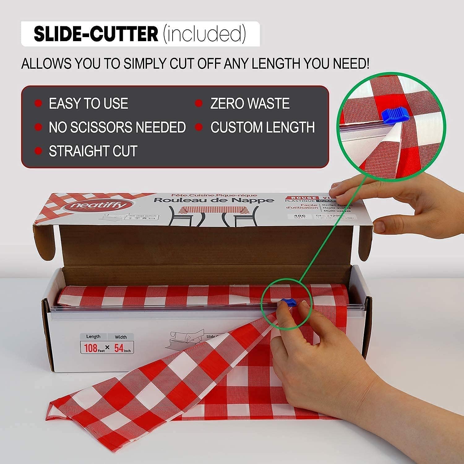 Neatiffy Disposable Plastic Table Cloth Roll | 54 in x 108 Ft Waterproof Tablecloth | Table Cover for Rectangle, Round Oval Tables | Picnic, Party, Banquet, Birthdays, Weddings, White & Red Checkered