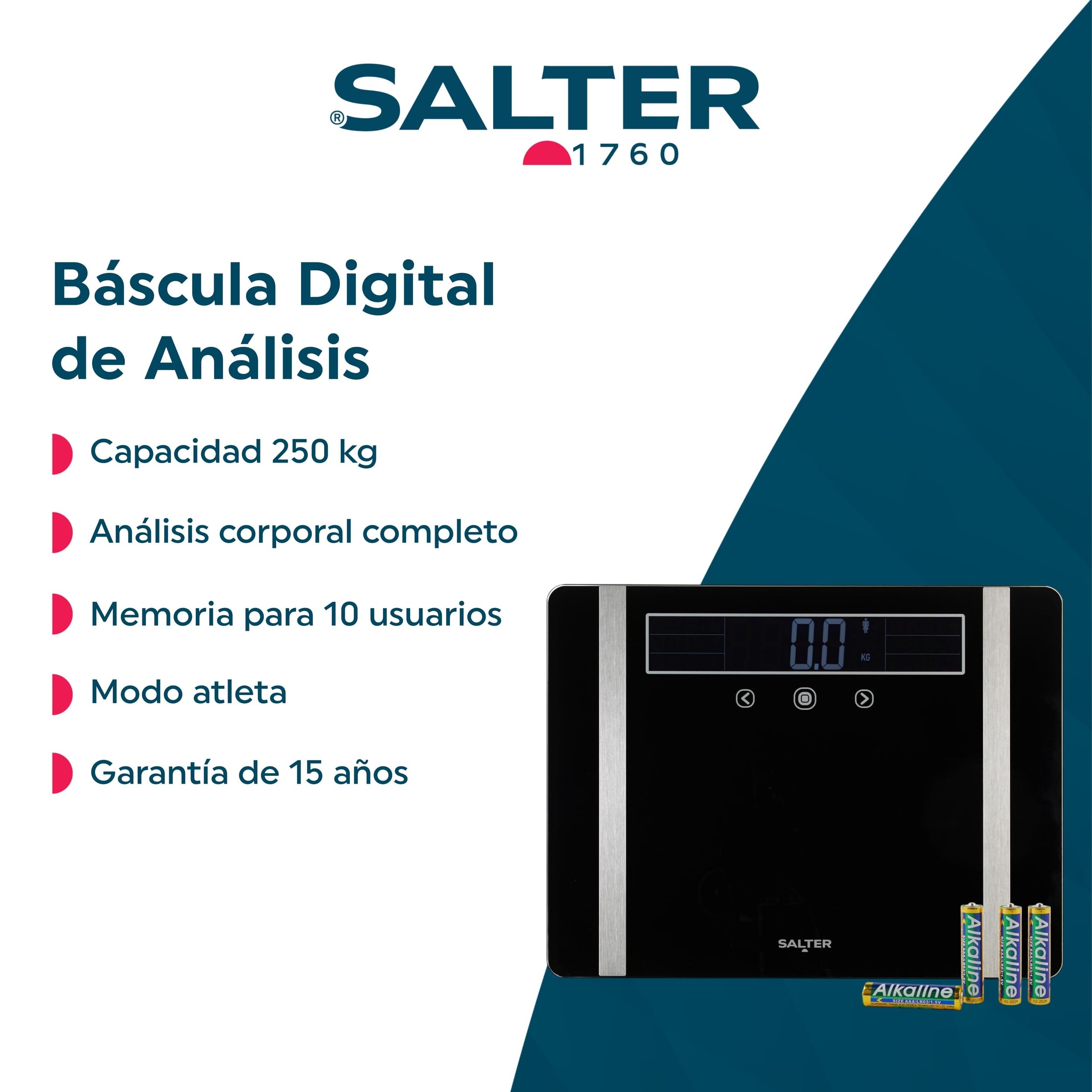 Salter Escala extra ancha del analizador – Báscula digital para peso corporal/grasa/agua, IMC/BMR, masa muscular/ósea, memoria de usuario 10, capacidad de 250 kg, garantía de 15 años, SA00576ARFEU12