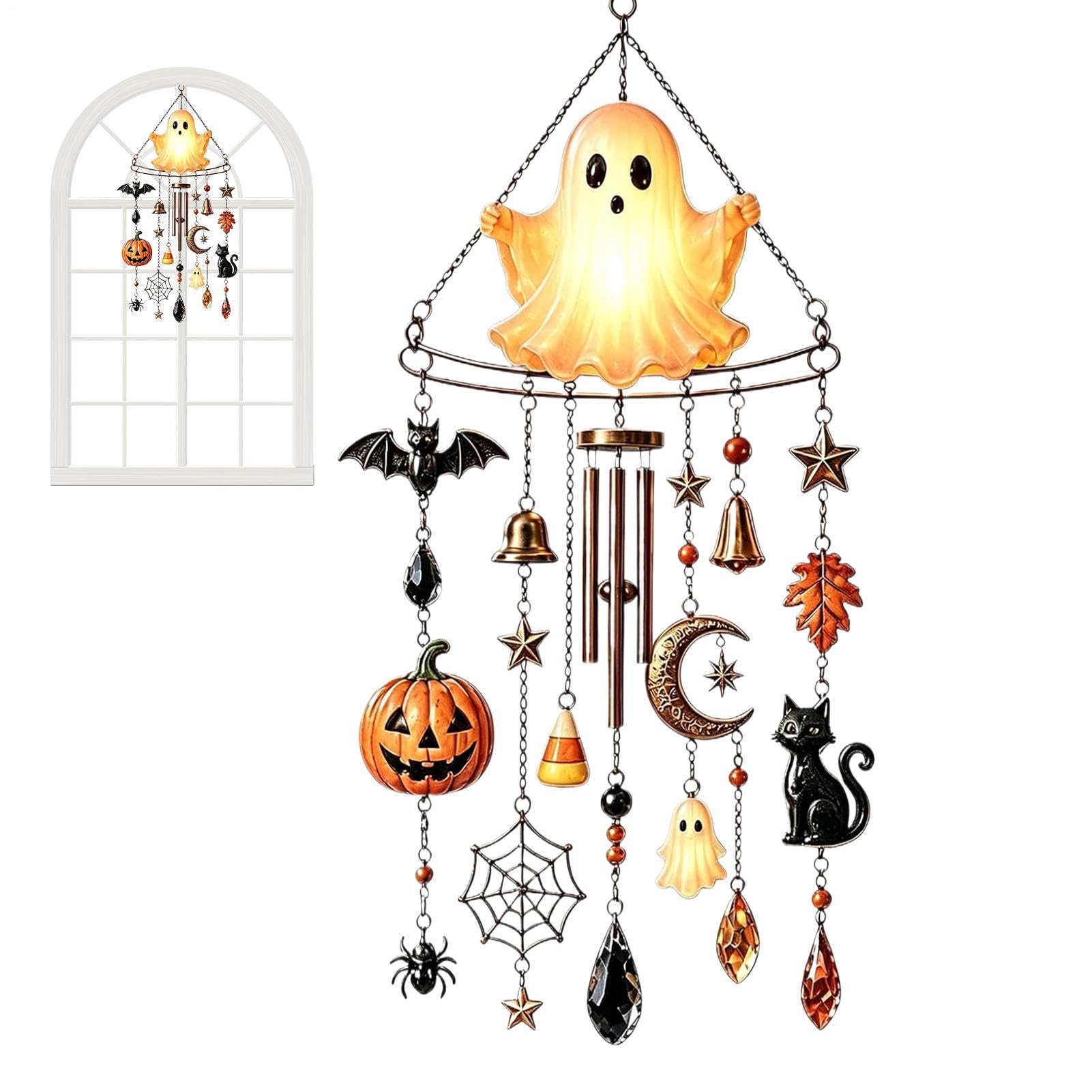 Luz fantasma de Halloween de 40x15 cm con carillón de viento LED impermeable para exterior