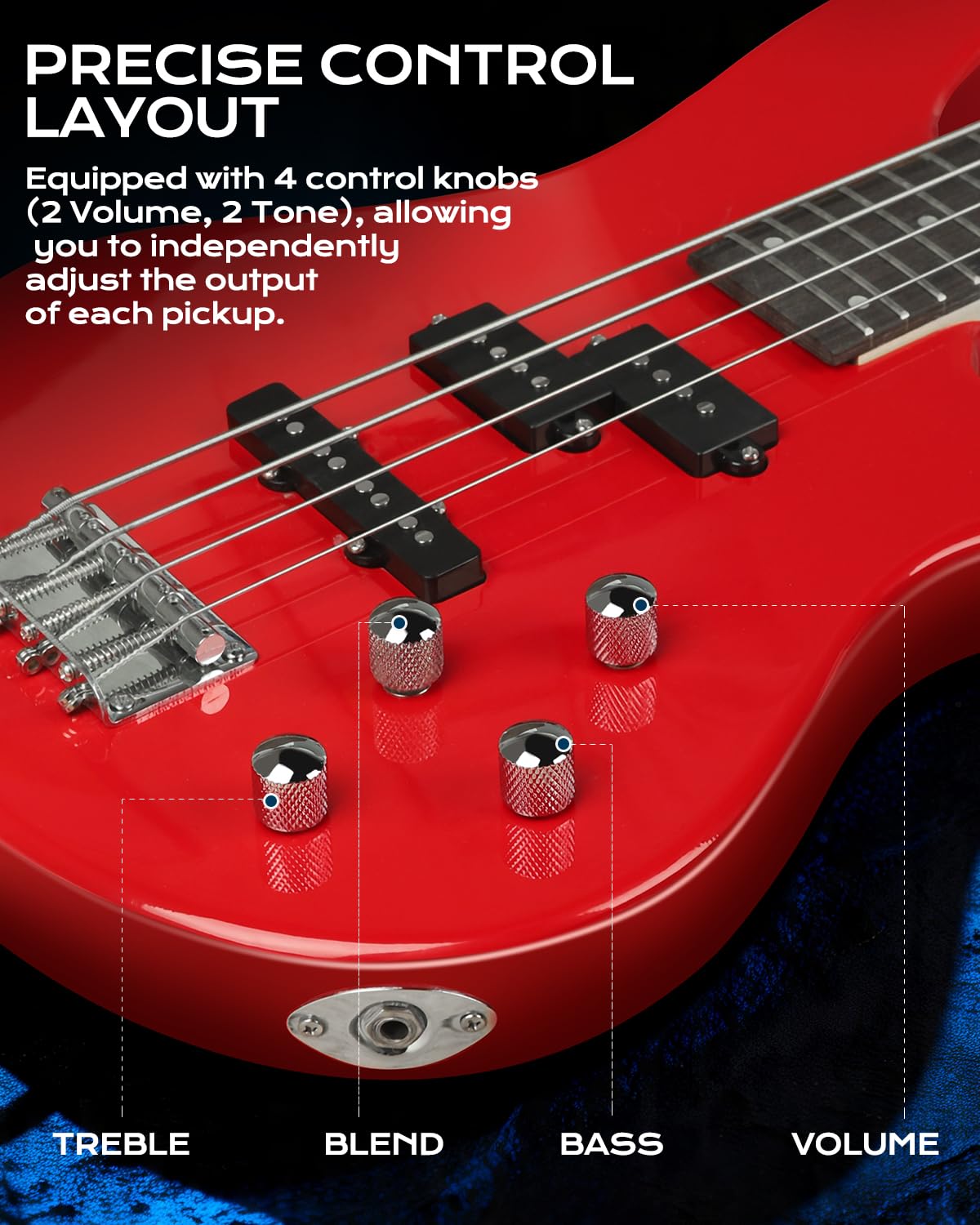 Guitare basse électrique 4 cordes en P pour débutant avec sac de transport, sangle de guitare et câble de guitare (Red)