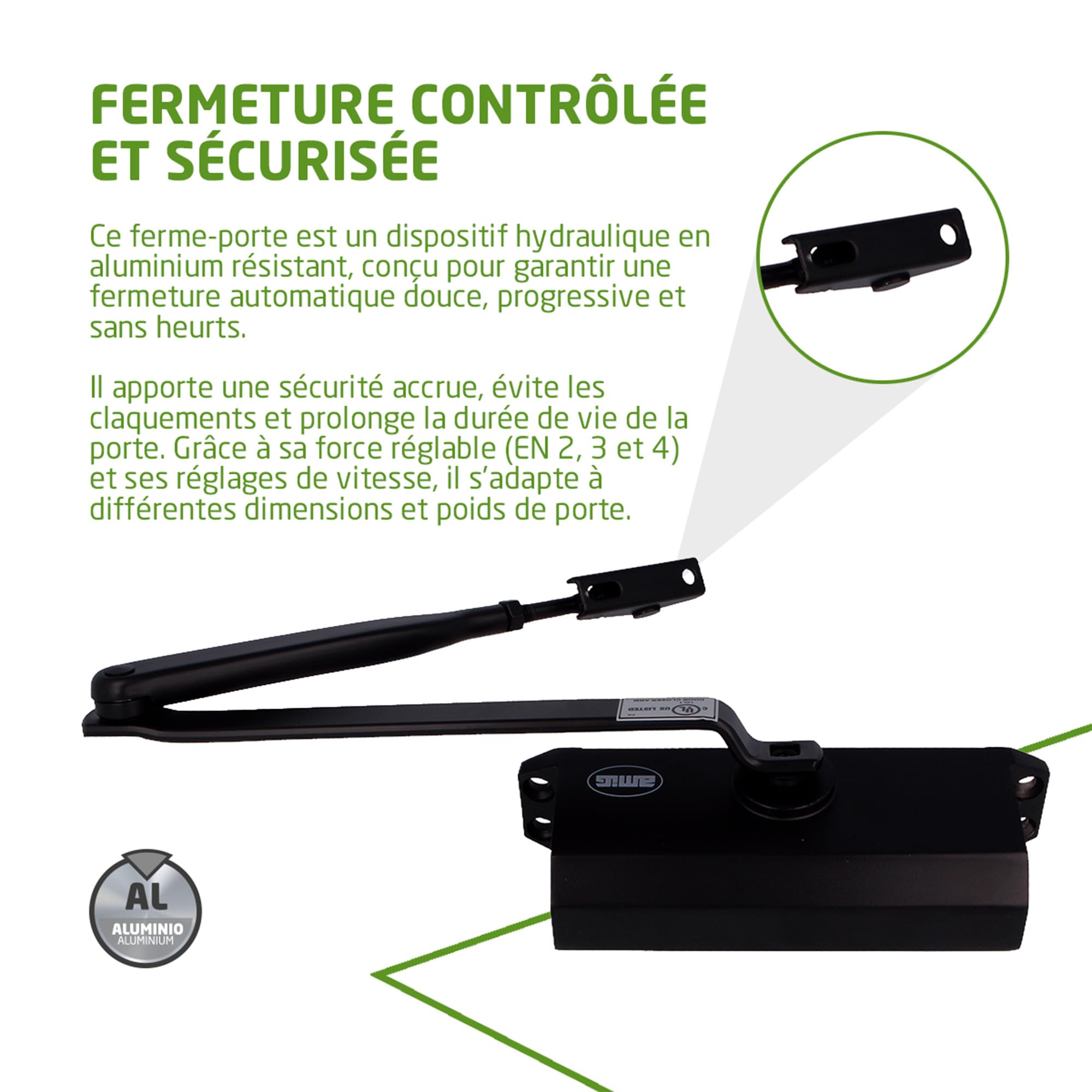Amig - Ferme-porte hydraulique en aluminium - noir - pour freiner ou retenir les portes d’un poids maximal de 40 kg et 85 cm de large, amortisseur anti-chocs et claquements de porte, vis incluses