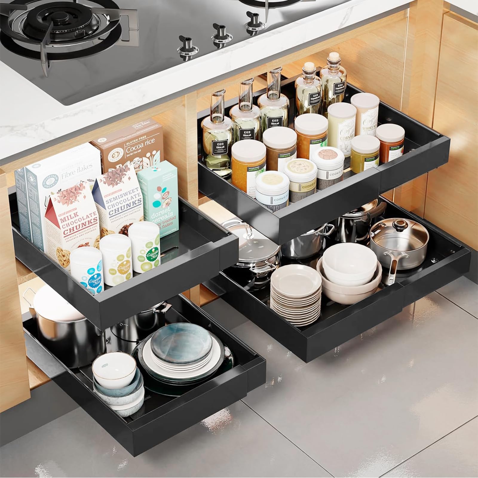 Lot de 2 tiroirs télescopiques pour armoires de cuisine, largeur réglable 32 cm à 52 cm, organiseur de placard de cuisine extensible avec fixation adhésive nano film (noir)