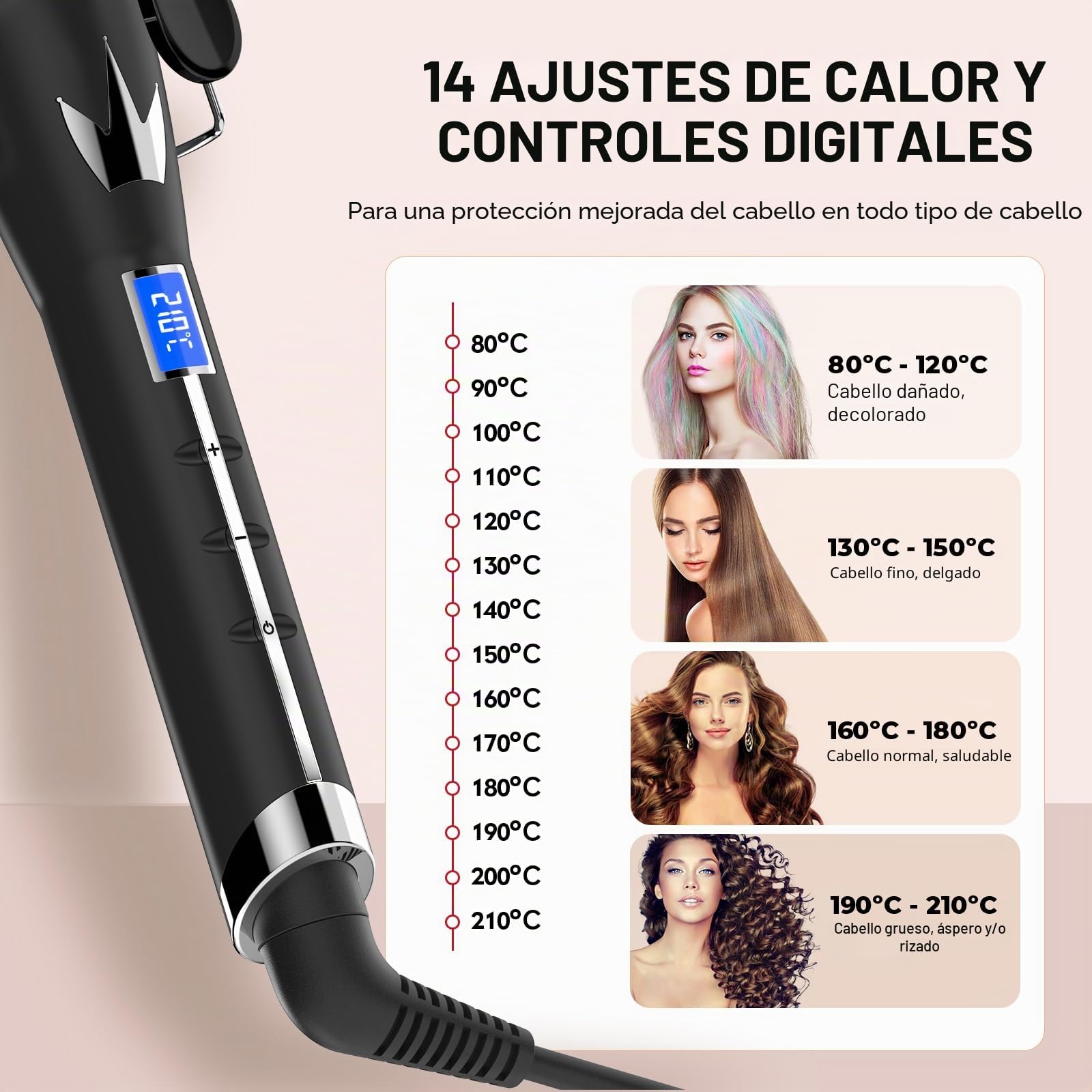 Rizador de pelo 32MM, AIMERVO ONDAS SUELTAS Plancha waves, Placas de cerámica y turmalina, Pantalla digital LCD 14 niveles de temperatura entre 80–210 °C, Desconexión Curler automática tras 60 minutos