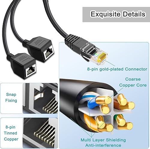 Miniatura 5 de Divisor Ethernet de 1 a 2 Gigabit, cable Cat5e negro de 1 pie, compatible con computadora personal