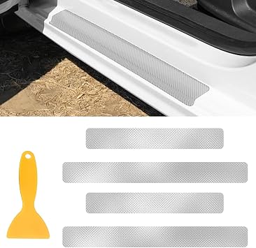 4PCS Carbon Door Sills Protector with Scraper, 3D Anti-Scratch Door Edge Entry Protection Trim for Door Edge/Front and Rear Bumper Door Threshold Protector Cover Sticker StripsWhite