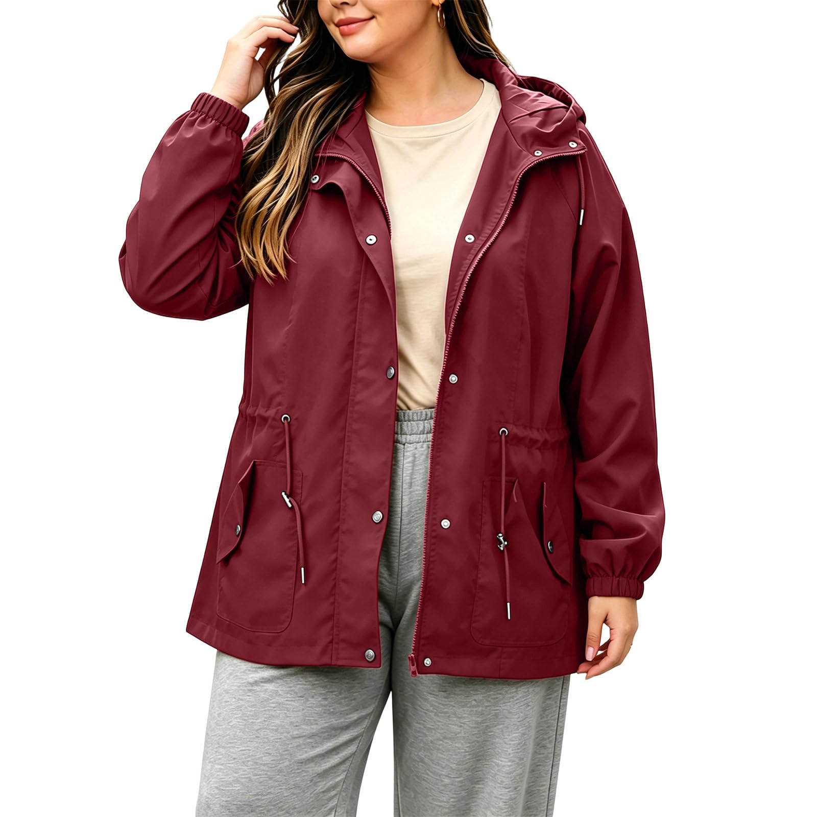 Chaqueta impermeable para mujer con capucha ajustable y bolsillos 8