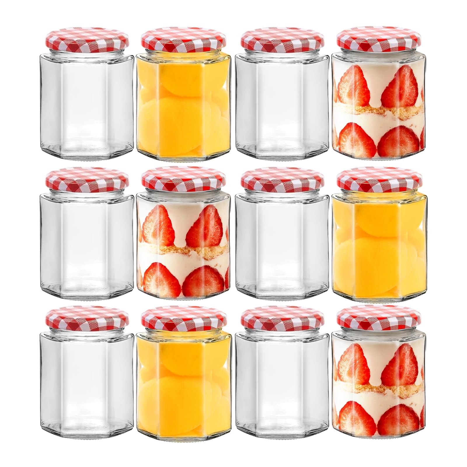 Meetoz Transparent With Red Lids Glass Jam Jars-12 Pack Airtight 280Ml,Glass Preserve Pots With Screw Top Red Gingham Lids,Hexagonal Storage Glass Jars For Kitchen Spices Honey Or Sweets Kimchi Jar