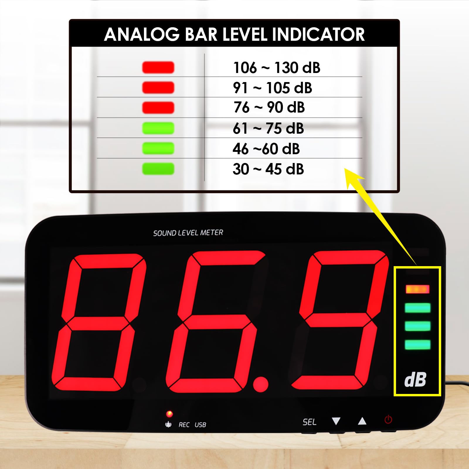 Decibel, misuratore di livello sonoro con registrazione dati, misuratore di rumore da parete con ampio display LCD da 13", sensore con cavo da 2 m, uscita allarme per misurazione e registrazione del