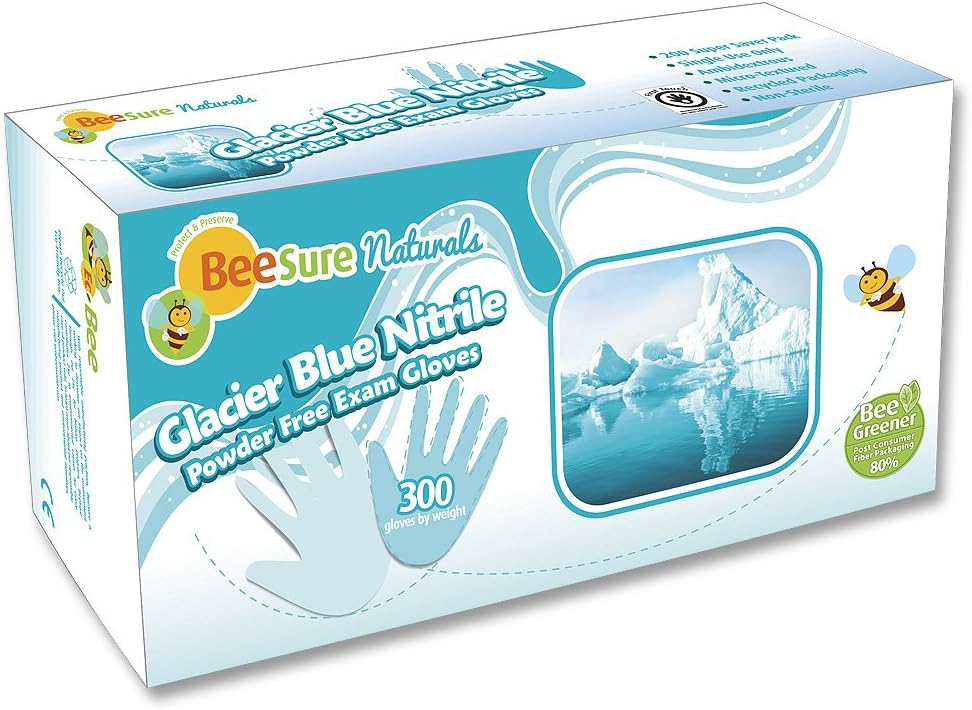 BeeSure BE2926 Naturals Glacier Nitrile Powder Free Exam Gloves, 3 mil, Small, Nitrile, Beaded-Cuff (Pack of 300),blue