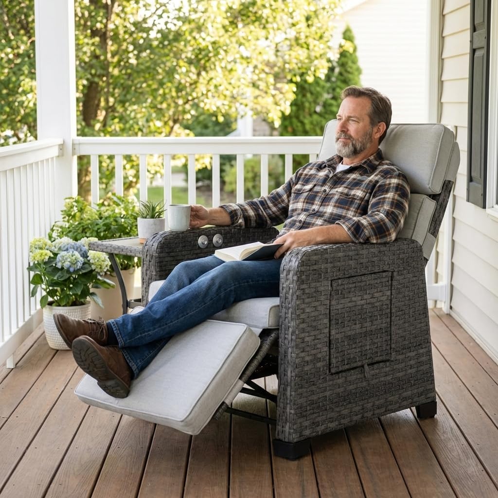 Restland Outdoor Recliner with Independent Adjustable Back & Footrest Wicker Patio Reclining Chair with Flip Table Comfortable Lounge Chair & Thick Cushion for Deck, Porch (Grey)