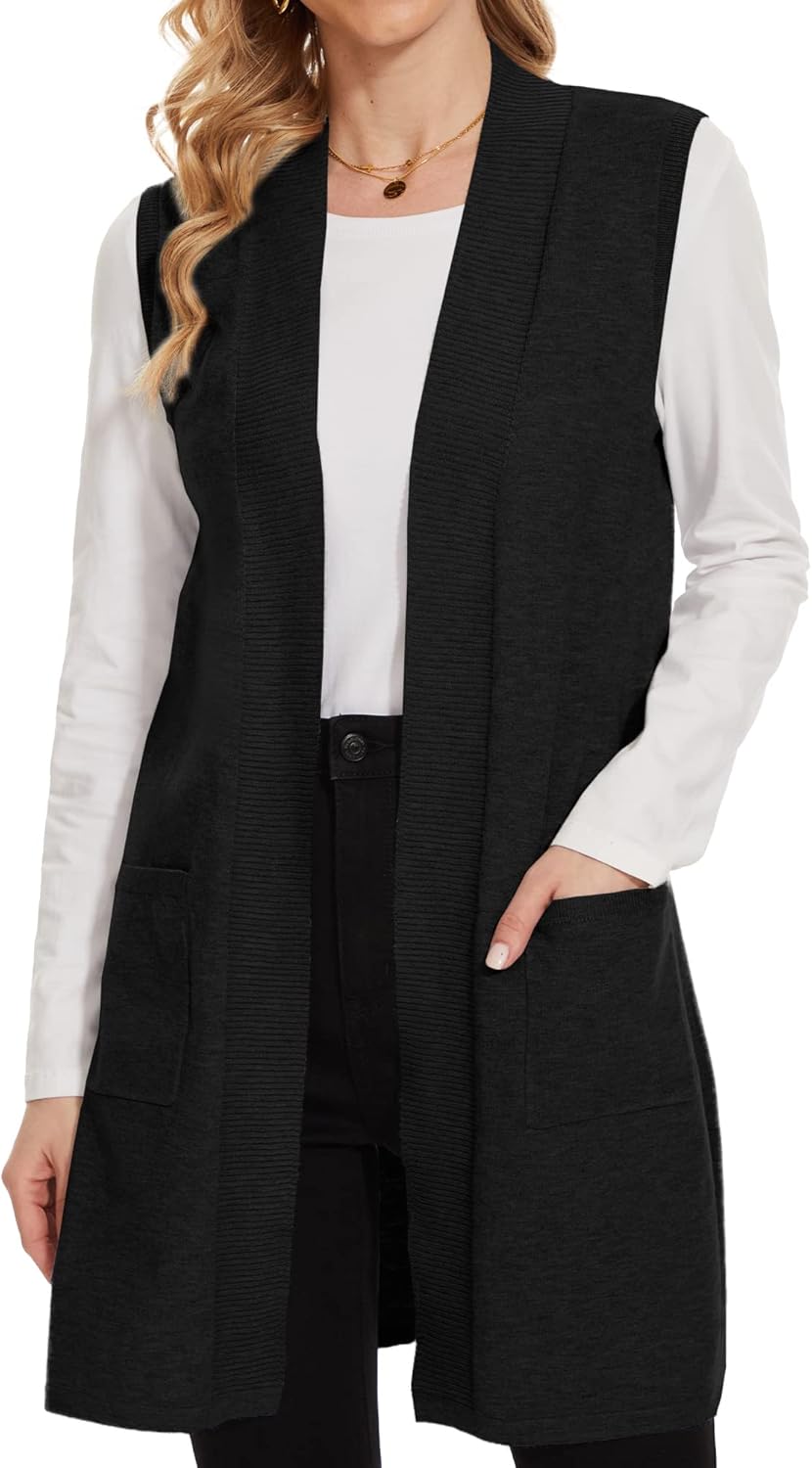 Beautiful Nomad Sleeveless Cardigans for Women Long Sweater Vest Jacket Ribbed Outerwear Coat with Pockets - Image 4
