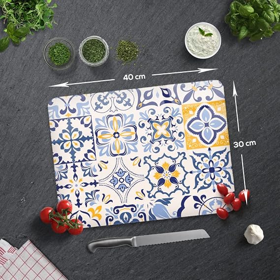 DECORITA Blue Tile Pattern | Glass Cutting Board (29cm x 34cm)