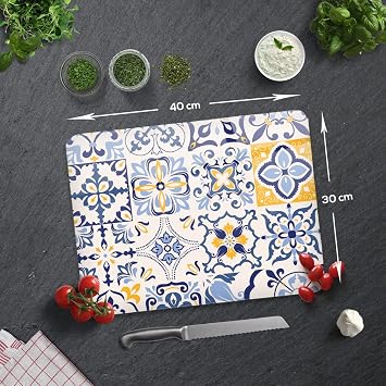 DECORITA Blue Tile Pattern | Glass Cutting Board (29cm x 34cm)