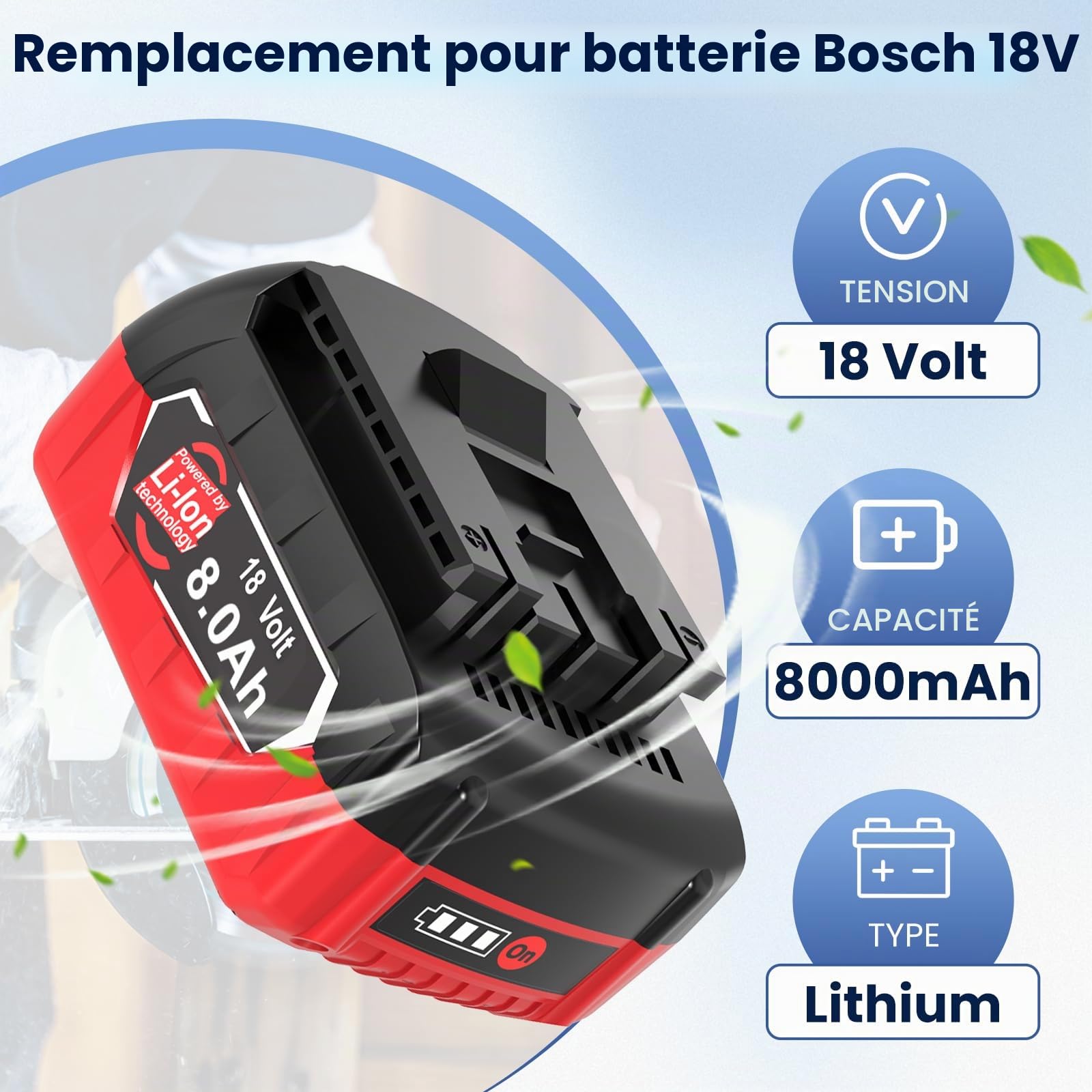Dosctt 2 X 8000mAh Compatible pour Bosch Professional 18V System Batterie GBA, ne s'applique Pas à Toutes Les Batteries et Tous Les chargeurs des Outils 18 V du système pour Bosch Maison et Jardin.