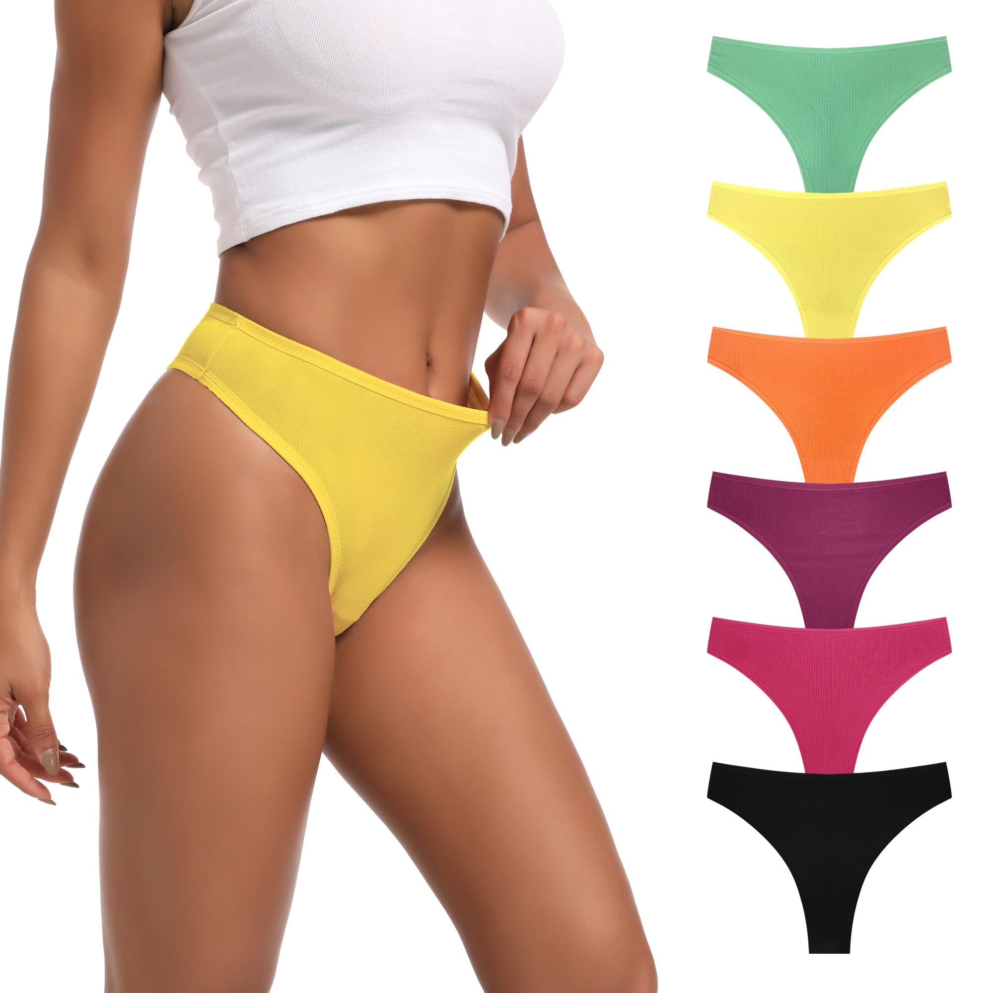 High Waisted Thongs for Women Ribbed Cotton Thong Underwear 6-Pack