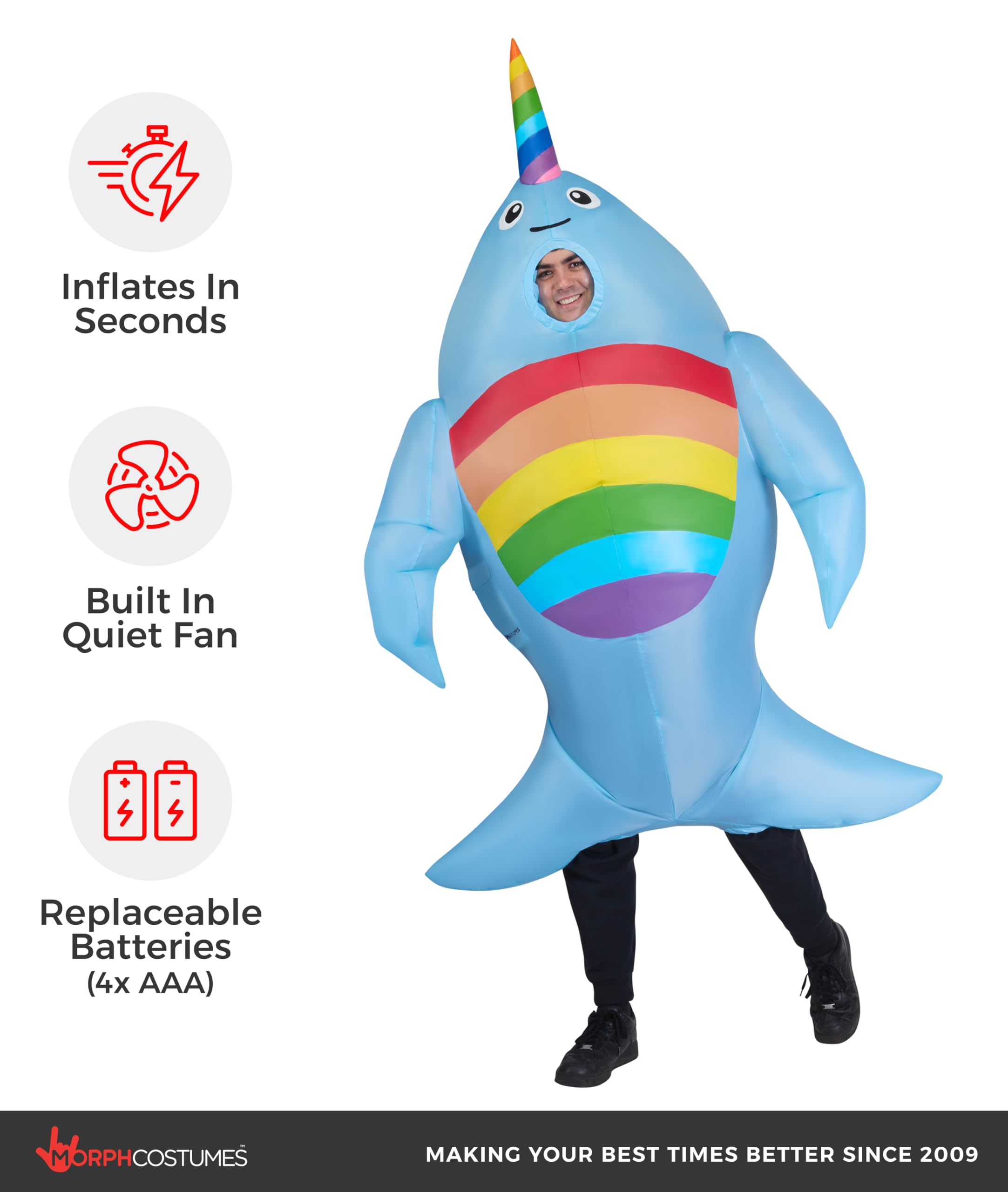 Morph Aufblasbares Narwal Kostüm für Erwachsene, Wal und Hai Design, Perfekt für Halloween und Karneval, Einheitsgröße