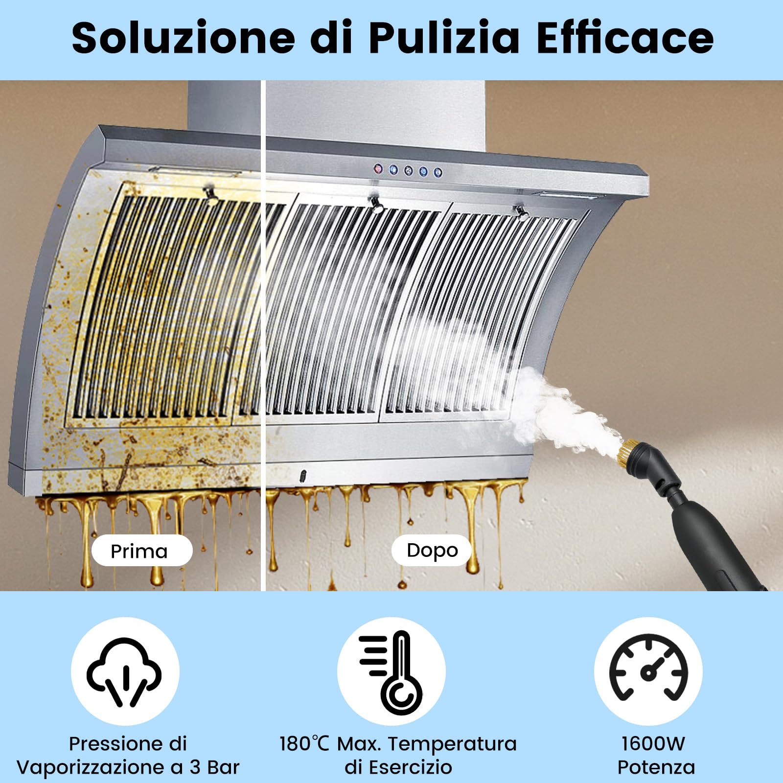 RELAX4LIFE Pulitore a Vapore Portatile 1600W, Macchina per Pulizia a Vapore con Serbatoio da 1L, Pressione 3 Bar, Tempo Riscaldamento 10s, Accessori Completi, per Cucina, Soggiorno, Auto (BIANCO)