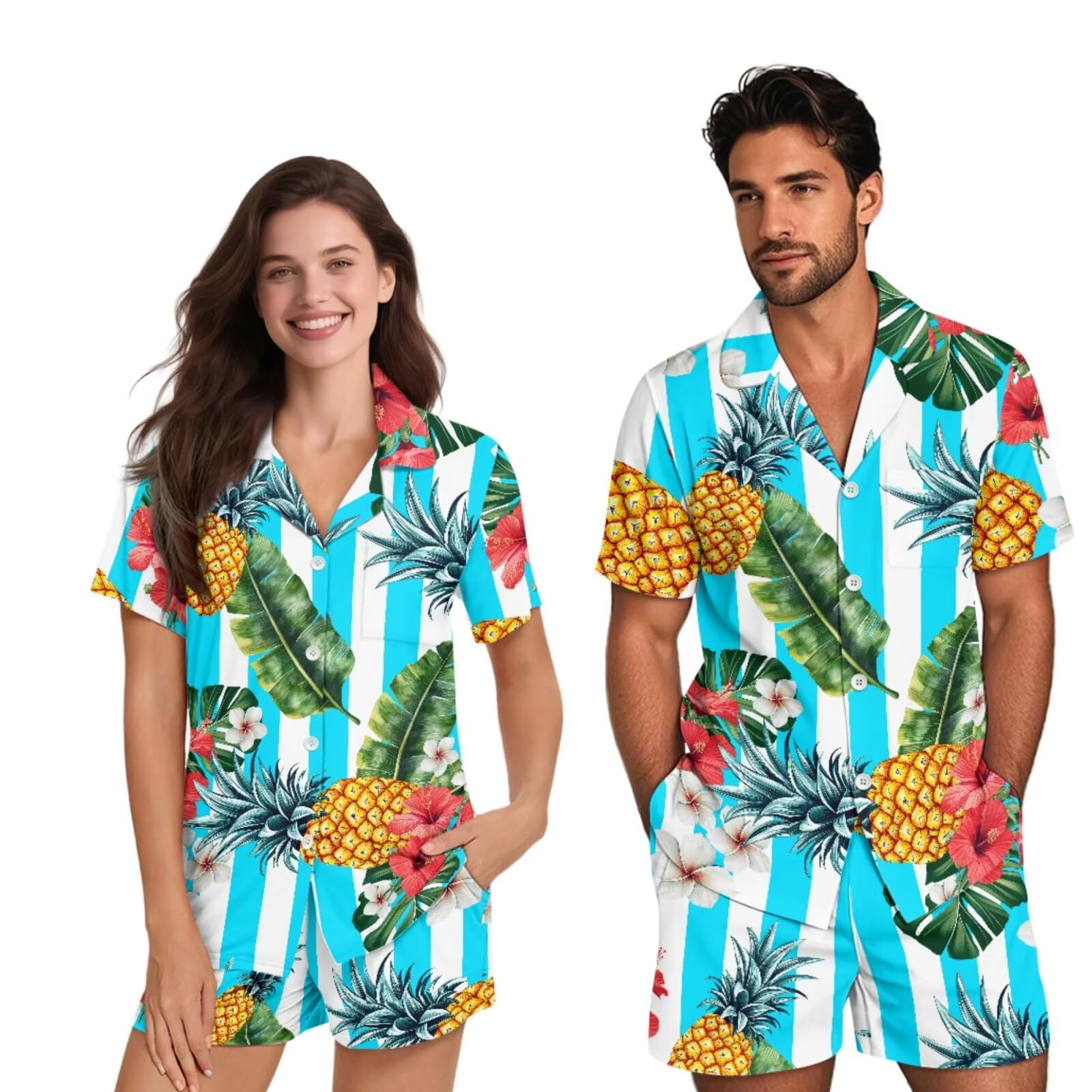 Pijamas a juego para parejas para él y ella, estilo casual, manga corta, con botones, ropa de descanso, 2 piezas