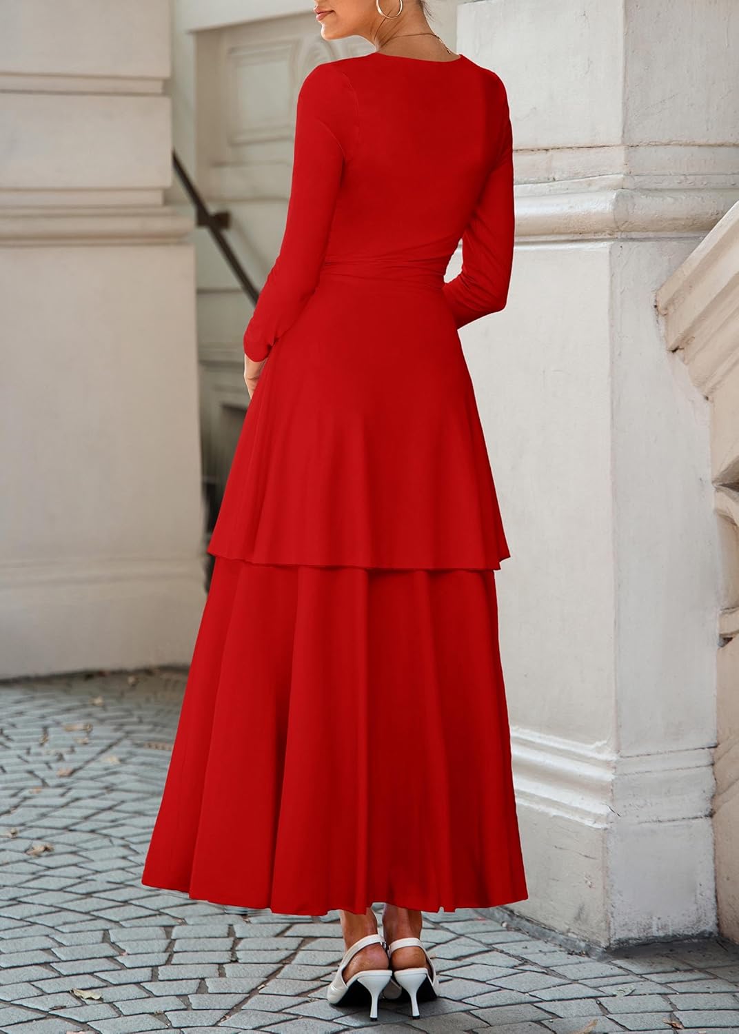 Lazysmile Women's Long Sleeve Fall Dresses Square Neck Ruched Waist Ruffle Hem Flowy Elegant Modest Boho Casual Maxi Dress - Image 2