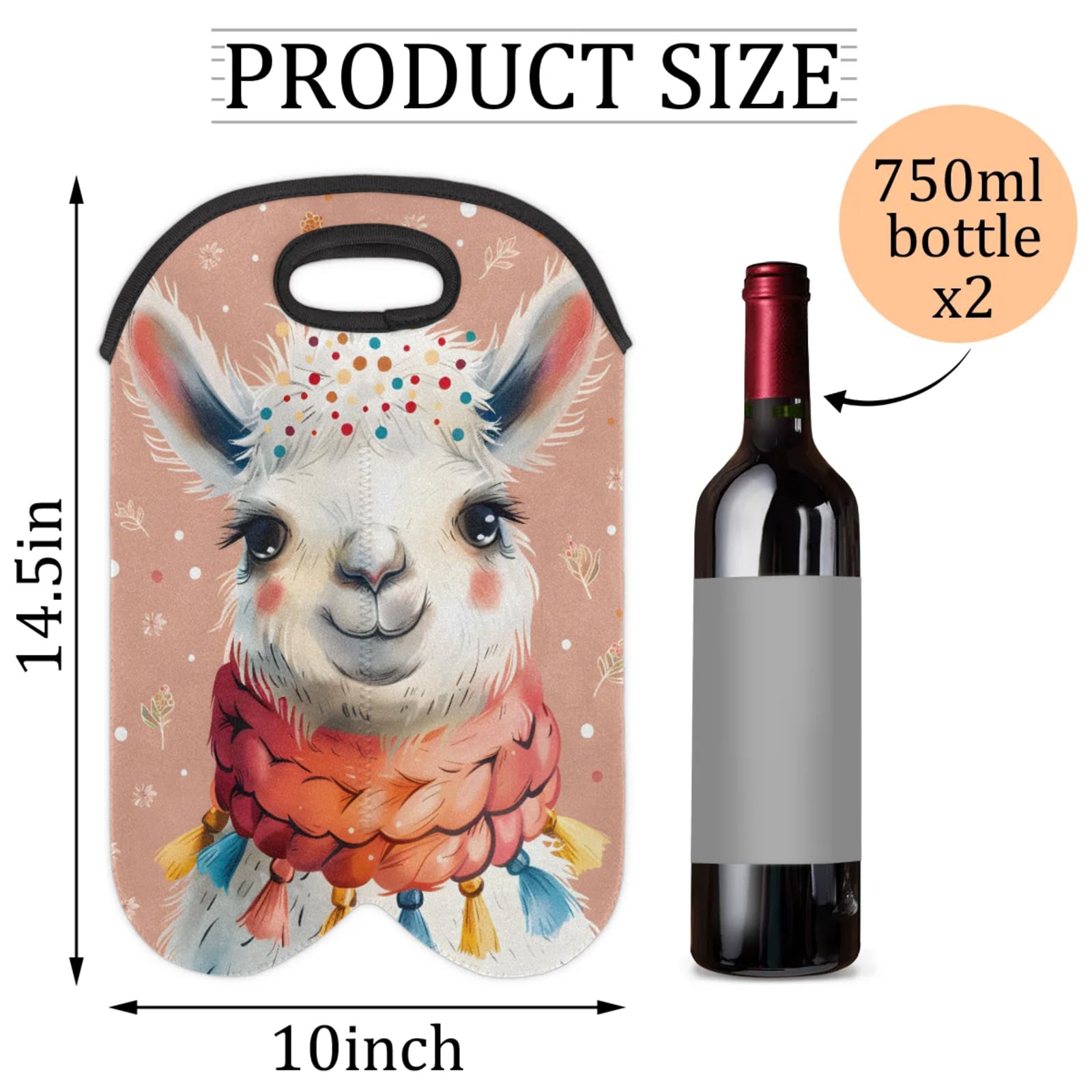 GzLeyigou 2 Bottles Cute Alpaca Wine Bag Sleeve Totes Neoprene Protective Wine Carrier Bag for Wine,Water, Champagne, Beer, Baby Bottles,Gift 14.5 x 10 Inches