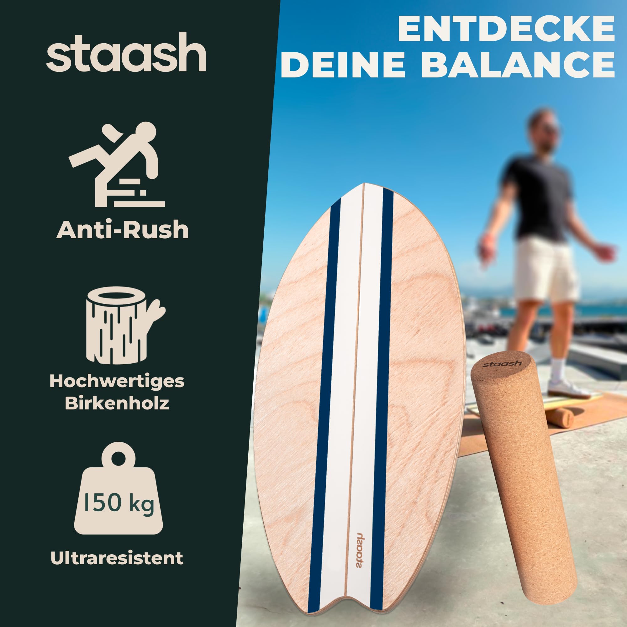 STAASH® Balance Board Holz – Pro Gleichgewichtstrainer inkl. Schutzmatte, Rolle, Halbkugel & Korkball + Videokurs – Indoor-Surfen & Stabilitätstraining