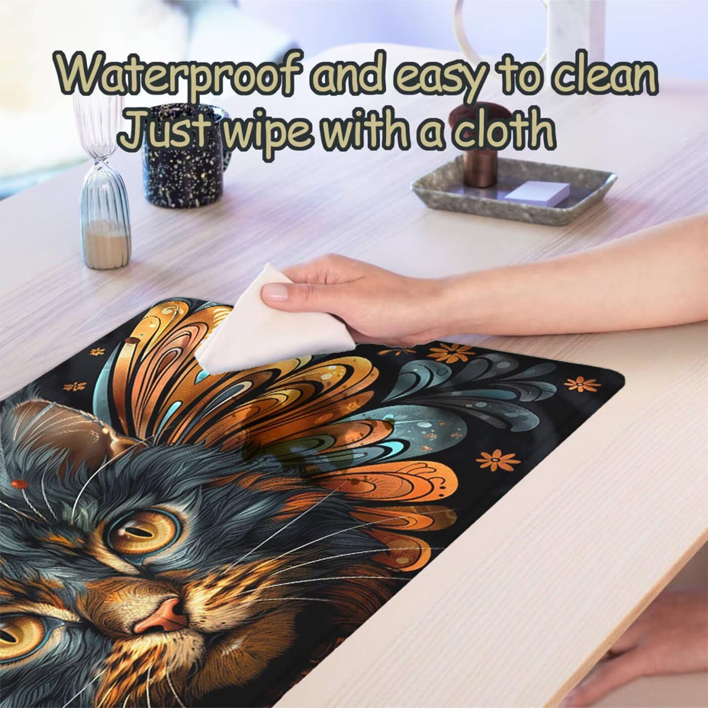 Podkładka pod mysz XXL 1200 x 600 mm duża podkładka pod mysz dla graczy skrzydło pod ręką biurko szyte krawędzie wodoodporna antypoślizgowa do komputera, laptopa poprawia precyzję i szybkość, kot S