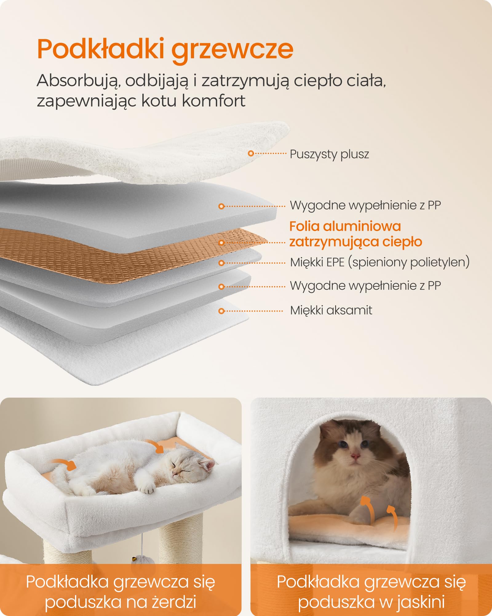 Feandrea Drzewko dla kota z ciepłymi kocami, dla dużych kotów, 2 szczotki kotów, grubość pnia 11,1 cm, duże platformy, jaskinia, 50 x 50 x 160 cm, kremowo-biało-beżowy PCT003W02