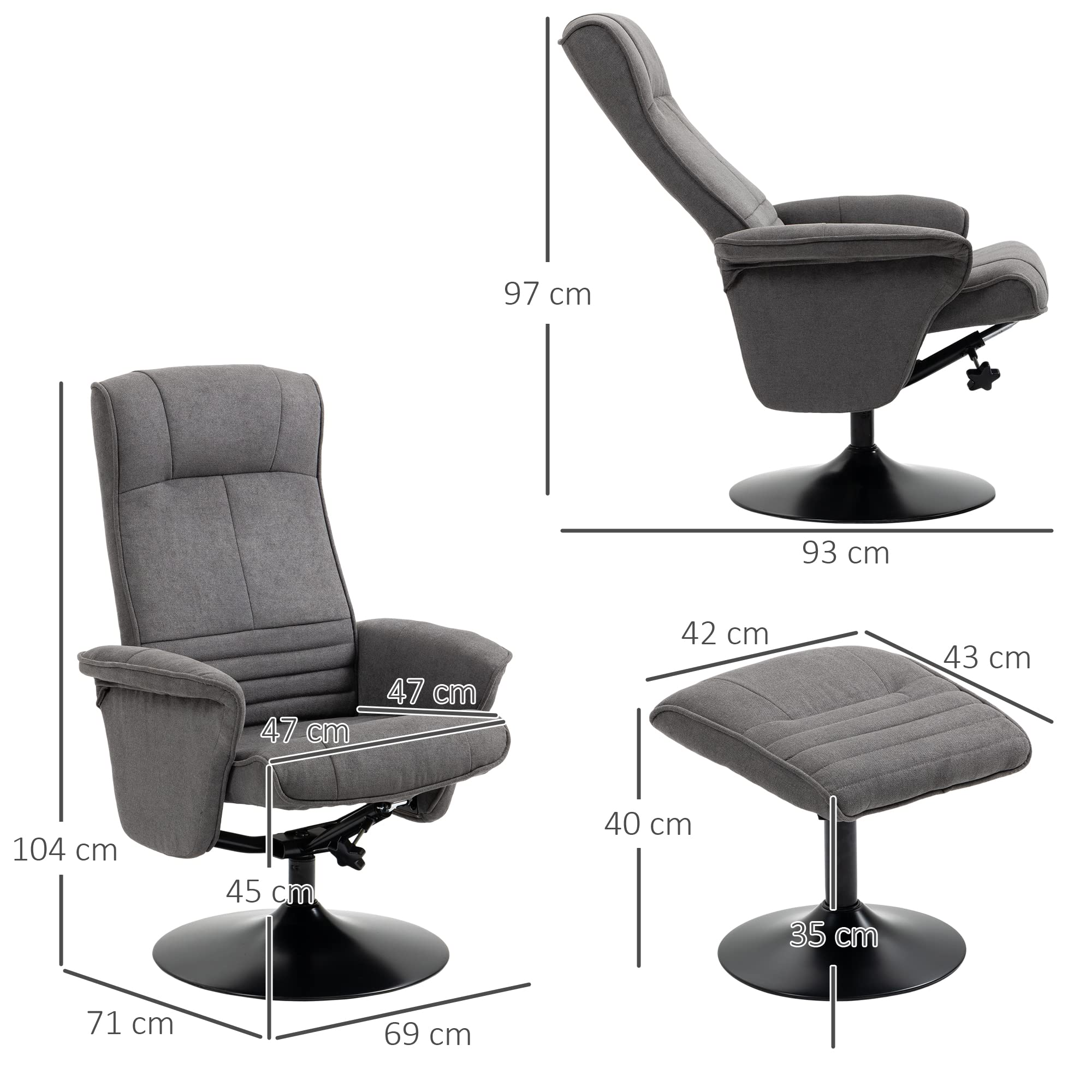 HOMCOM Relaxsessel mit Hocker, 360°drehbarer Fernsehsessel mit Liegefunktion Gepolstert TV Sessel mit Samtoptik für Wohnzimmer, Dunkelgrau