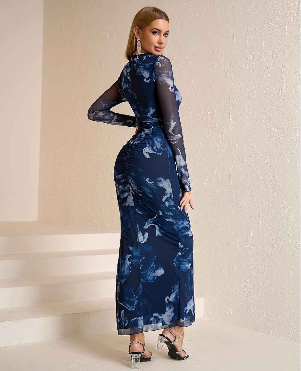 XinFSh Women's Fall Long Sleeve Bodycon Maxi Dress Mesh Ruched Formal Wedding Guest Cocktail Dresses - Image 2