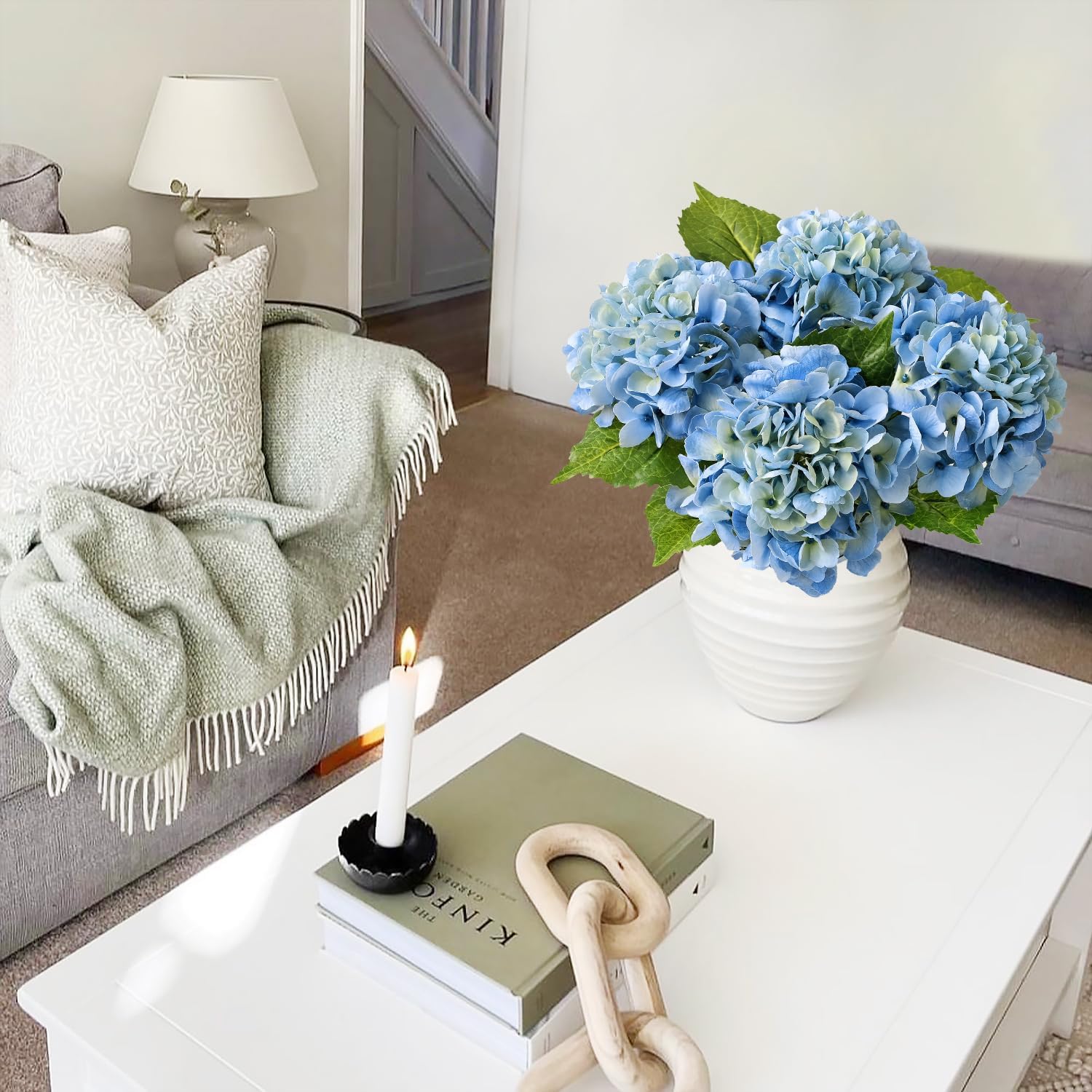 Light Blue Flowers Hydrangea Artificial Flowers, 4PCS 21" Latex Real Touch Vintage Lifelike Silk Flowers,Faux Hydrangea Bouquet Fake Flowers for Wedding Centerpieces Tables Party Outdoor Home - Image 2