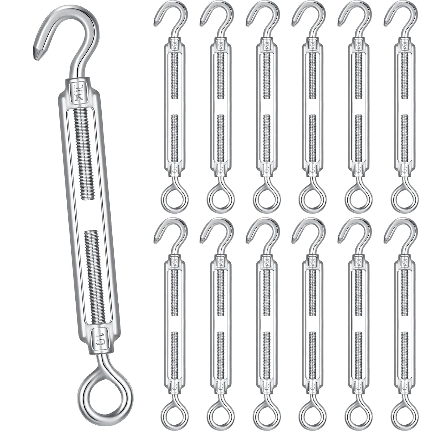Therwen 12 Pcs M10 Hook and Eye Turnbuckle 304 Stainless Steel