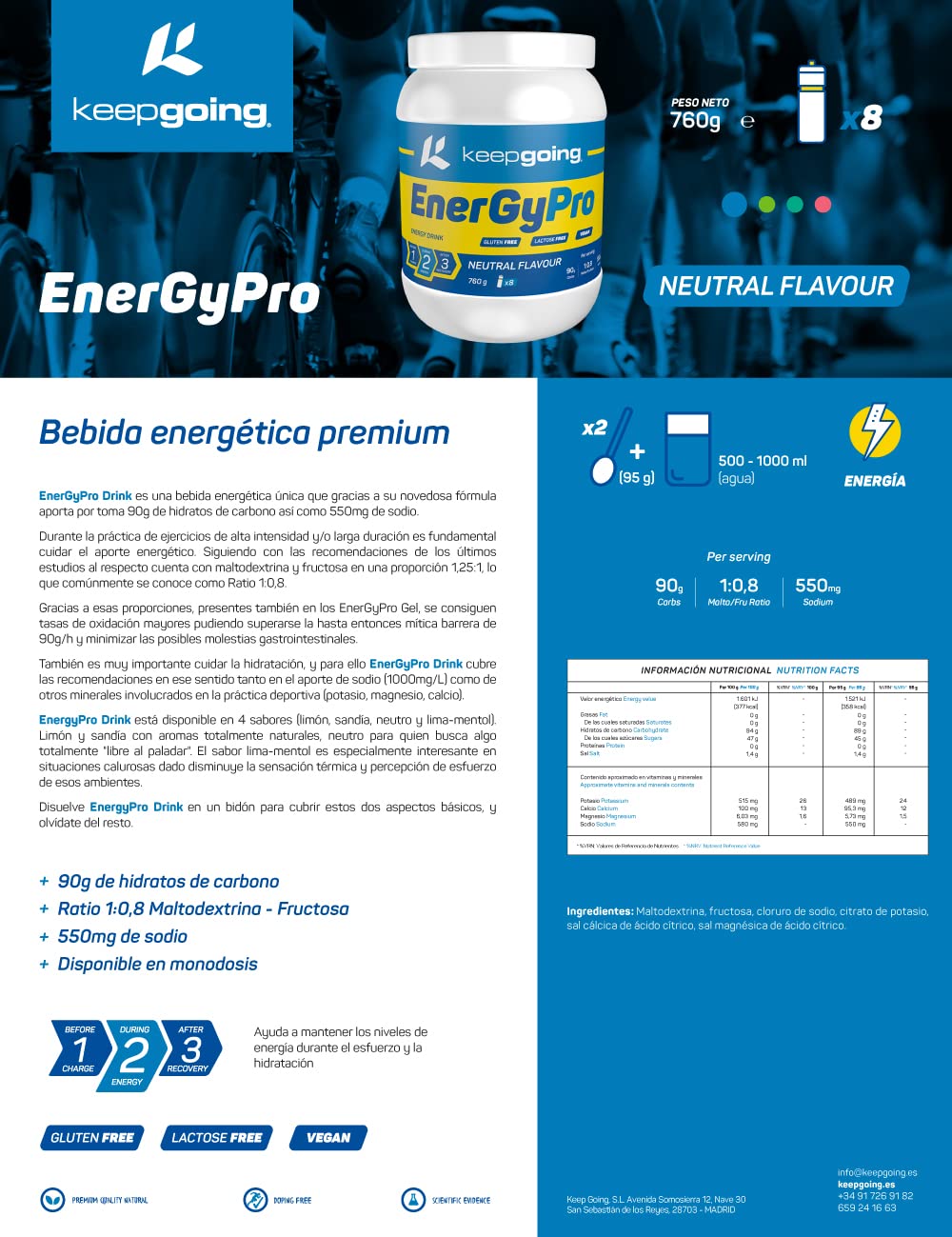 Keepgoing EnergyPro Drink Bebida Energética Premium en Polvo Sabor Neutro 760g| Triatlón Ciclismo Running Trail |Ratio 1:0,8 Maltodextrina - Fructosa