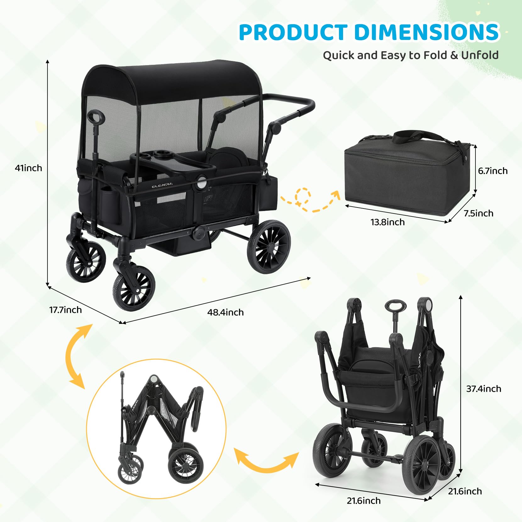 ELEMARA Passeggino per 2 bambino, passeggino pieghevole, carrello multiuso per bambino, carrello con tettoia rimovibile, maniglia regolabile, imbracature, grande borsa