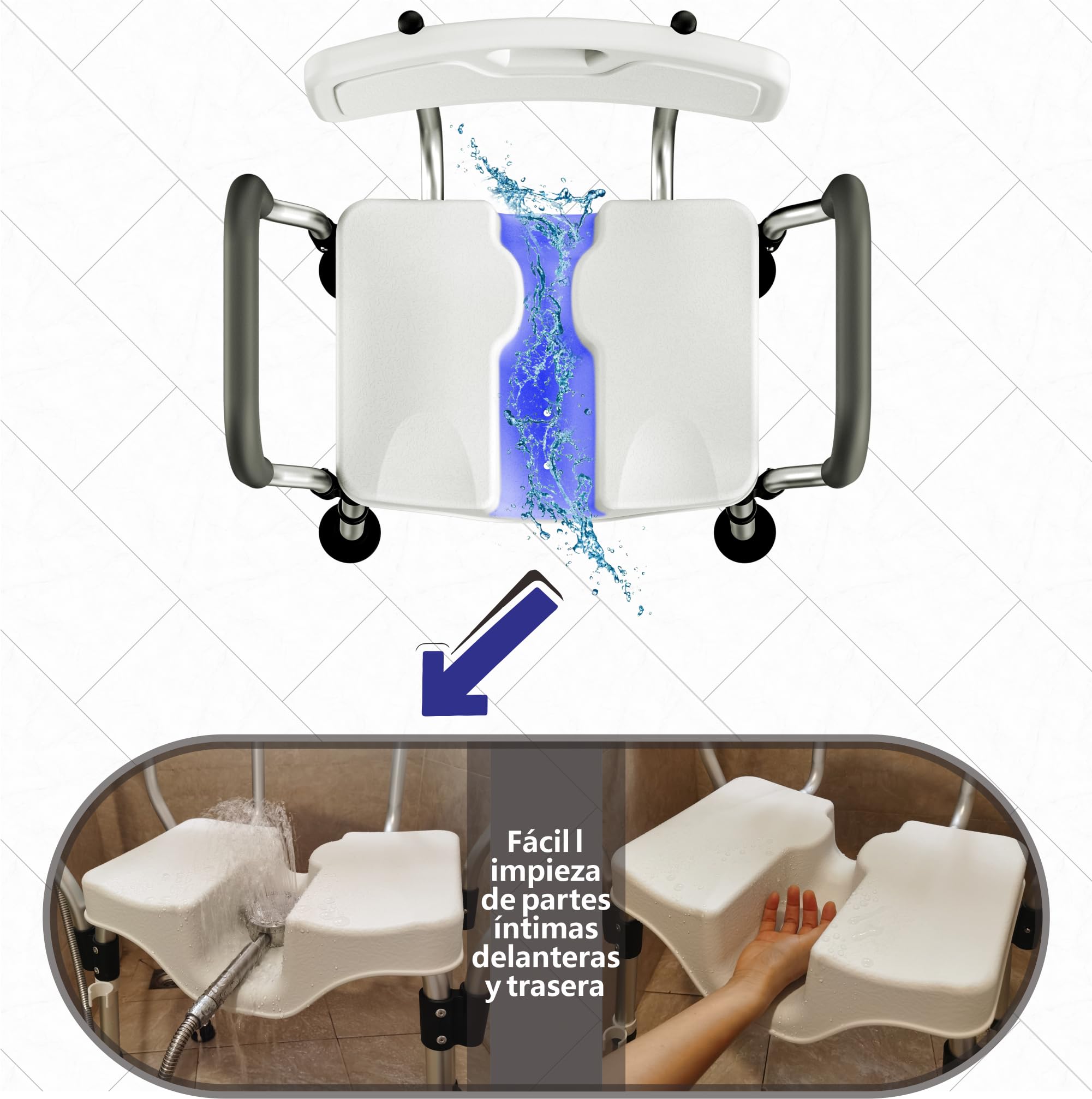 Silla de Ducha, Taburete Baño, Diseño de Ranura en Forma de U | Regulable en Altura, con Reposabrazos y Respaldo, patas antideslizantes, Capacidad de carga para Personas Mayores (150 kg)