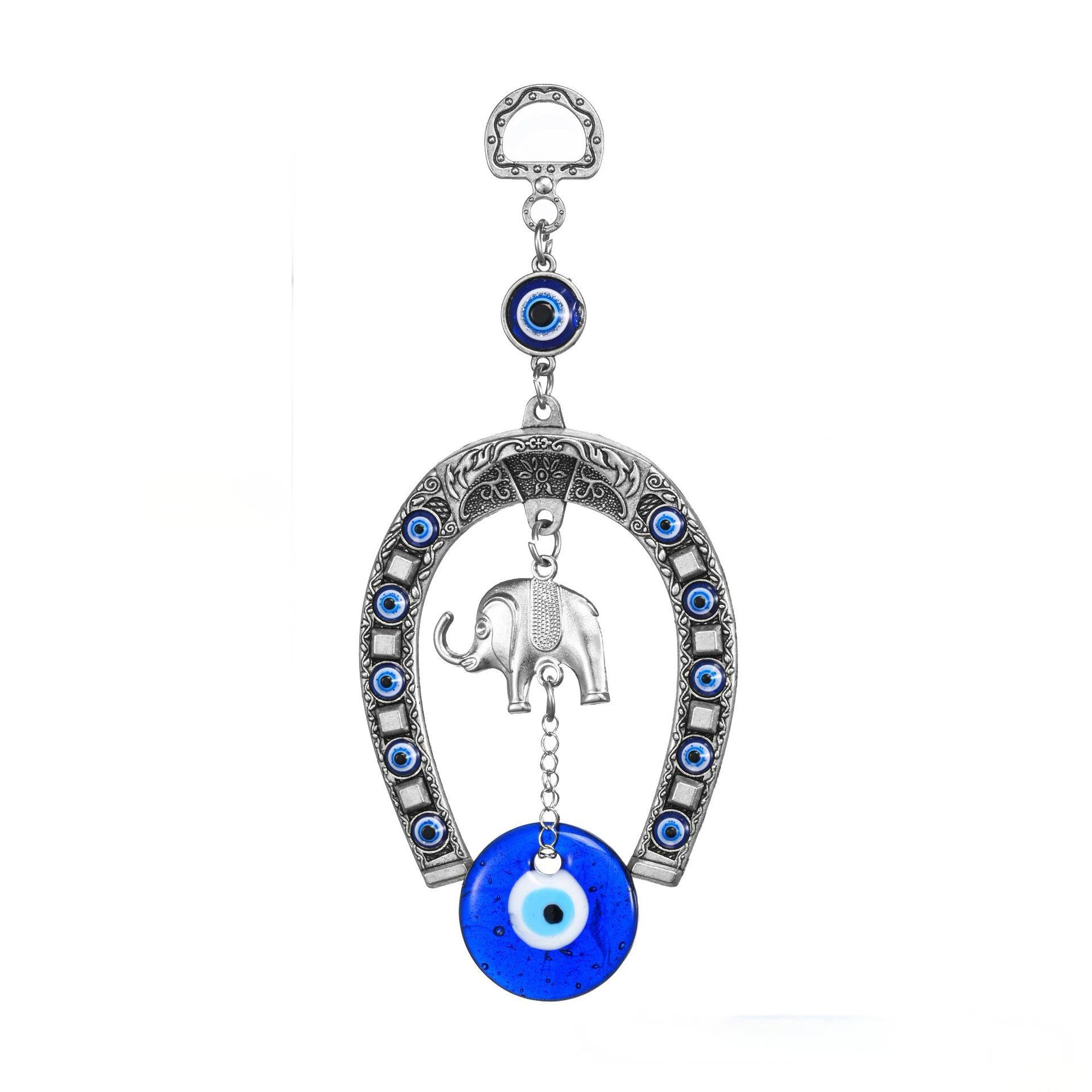 Belacasa Blue Creative Handmade Evil Eye Fatima's Holy Hand And Horseshoe Evil Eye Talisman Pendant Decoration, Good Luck Charm, Office, Car Decoration, Blessing Ornament (1Pc Elephant - Horseshoe)