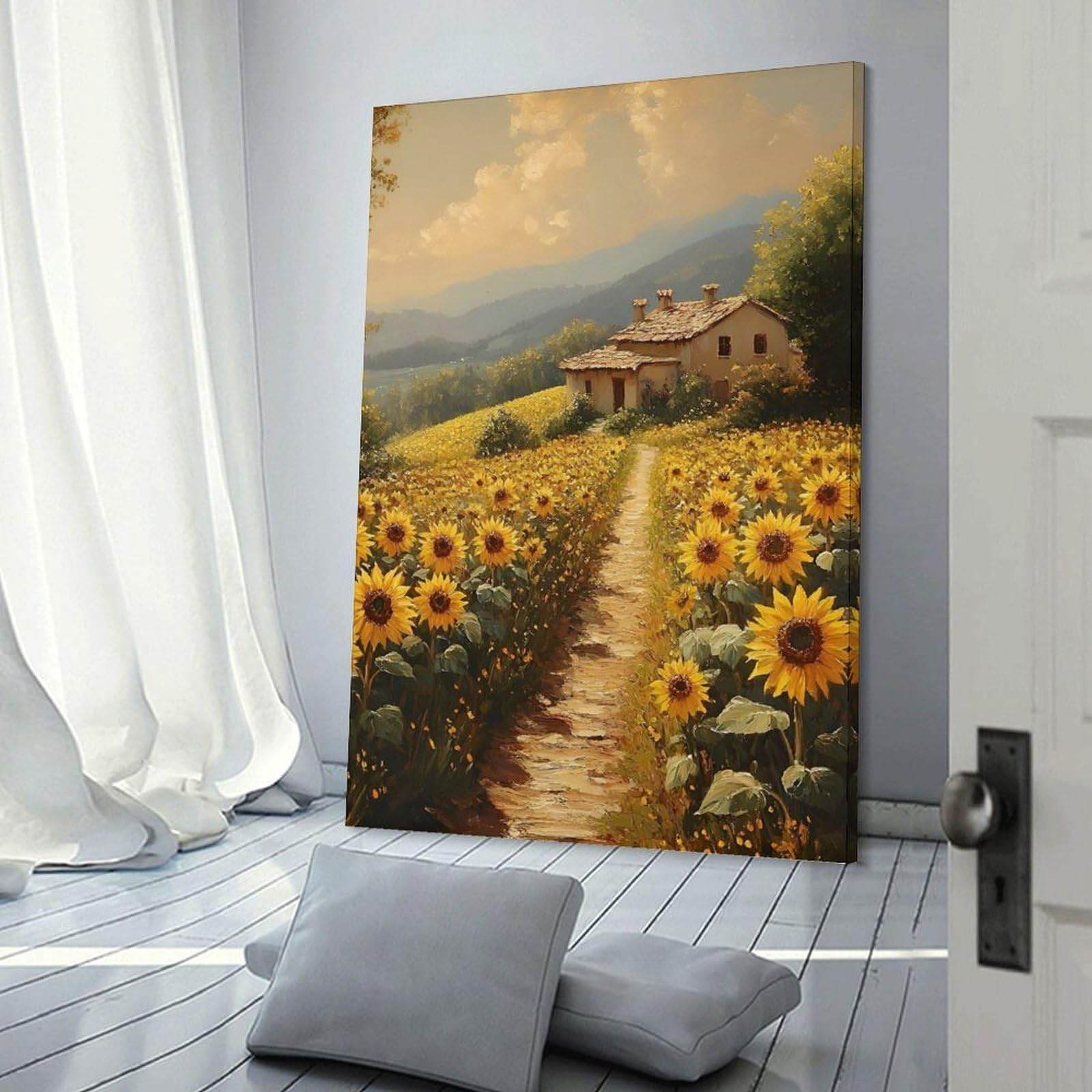 Junmoney Sunflower Field with A House Hanging Wall Art 24x36inch(60x90cm), for Gallery Wall Decor And Room Displays, A Versatile Canvas Print for Layering