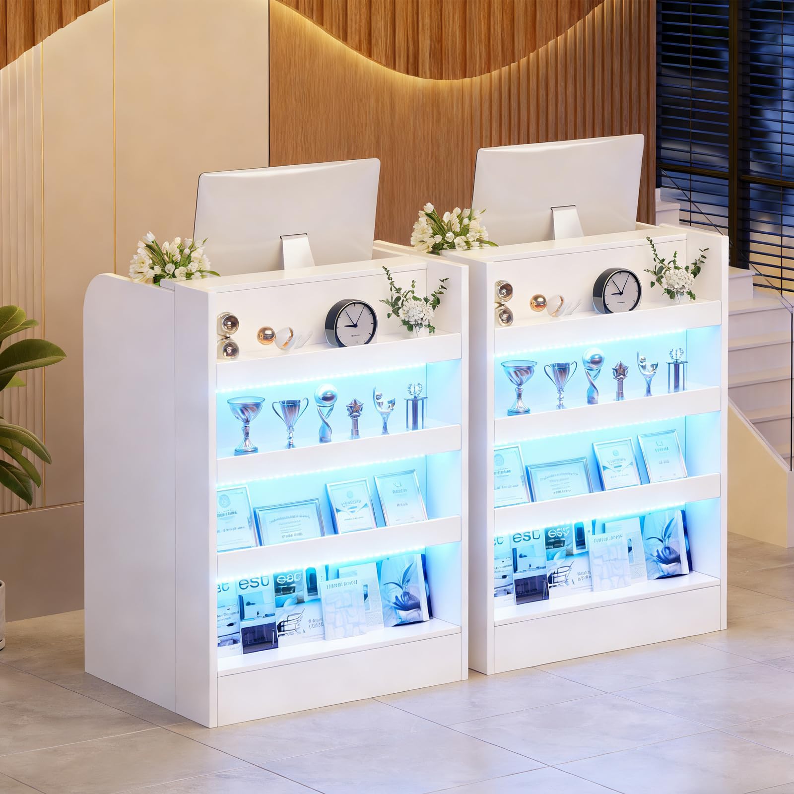 Mostrador de Recepción con Iluminación LED, Cajón con Cerrojo y Estante Exhibidor | Compacto Mostradores para Tiendas Escritorio de Recepción Moderno para Oficina, Tienda o Salón | Blanco | 60x60x95cm