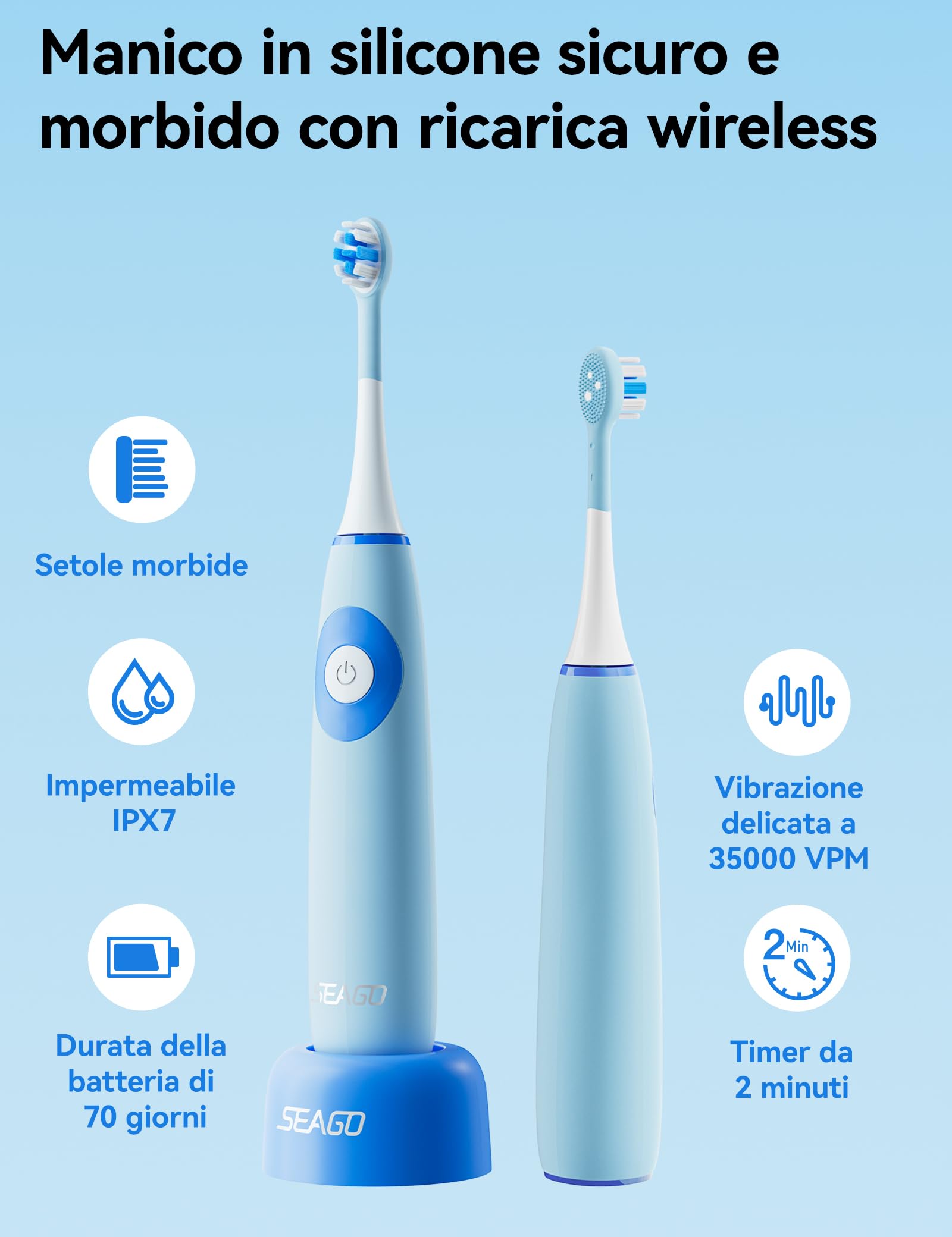 Seago Spazzolino da denti elettrico per bambini dai 5 ai 8 anni, Spazzolino da denti elettrico per bambini con stazione di ricarica, senza BPA, manico antiscivolo in silicone alimentare, (Blu)