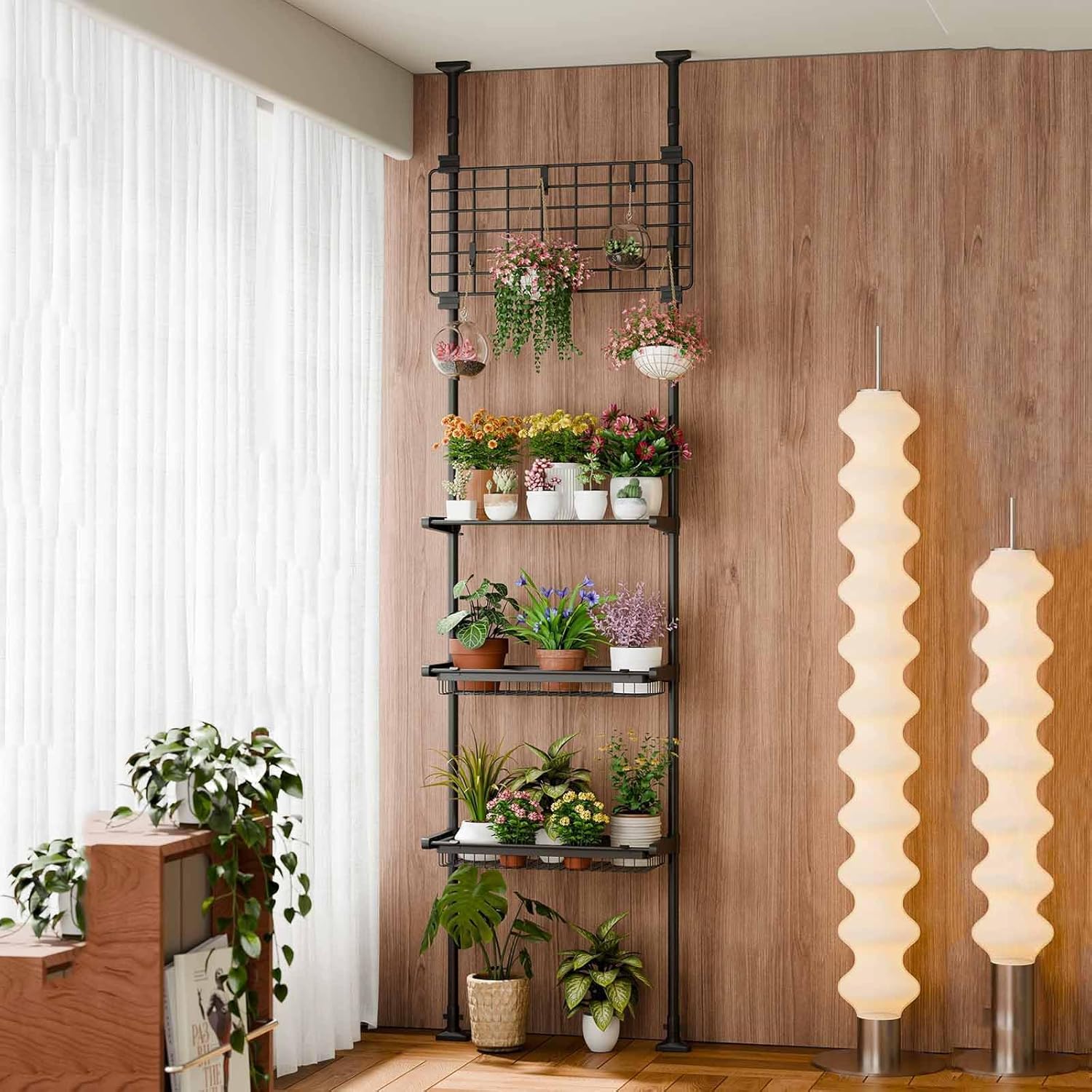 4-Tier Adjustable Indoor Plant Rack, Multi-Tier Flower Pot Display Rack, Telescopic Spring Tie Rod, Floor to Ceiling Flower Pot Storage Shelf with Hooks, Tension-Fixed Open-Type Tall Plant Shelf