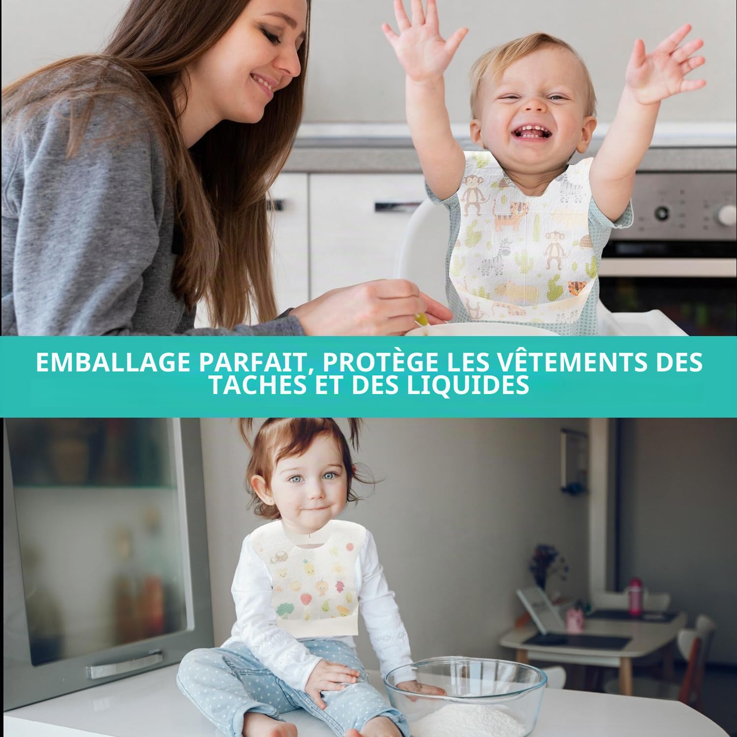 LATRAT Lot de 40 bavoirs jetables pour bébé, imperméable, sevrage en tissu non tissé, réglable, poche ramassage pour maison voyage, de 0 à 3 ans