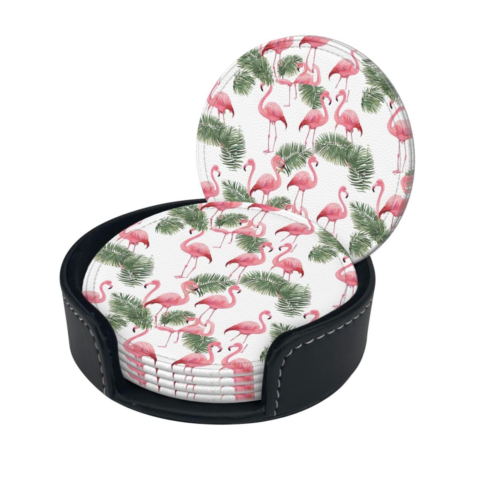 Flamingo Flowers Print Coaster,Round Leather Coasters with Storage Box for Wine Mugs,Cold Drinks and Cups Tabletop Protection (6 Piece)