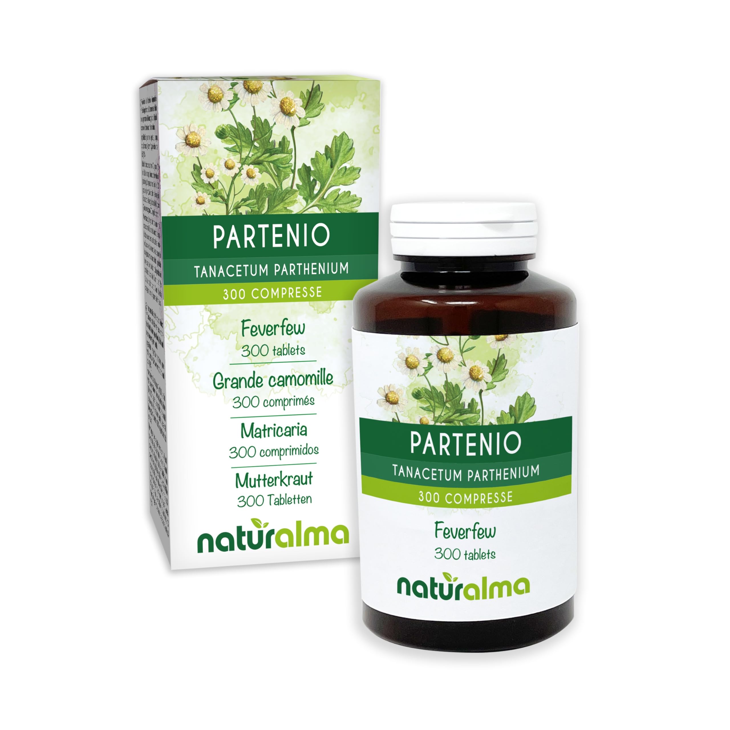 Mutterkraut (Tanacetum parthenium) Kraut mit Blüten Naturalma - 150 g - 300 Tabletten - Nahrungsergänzungsmittel - Natürlich und Vegan