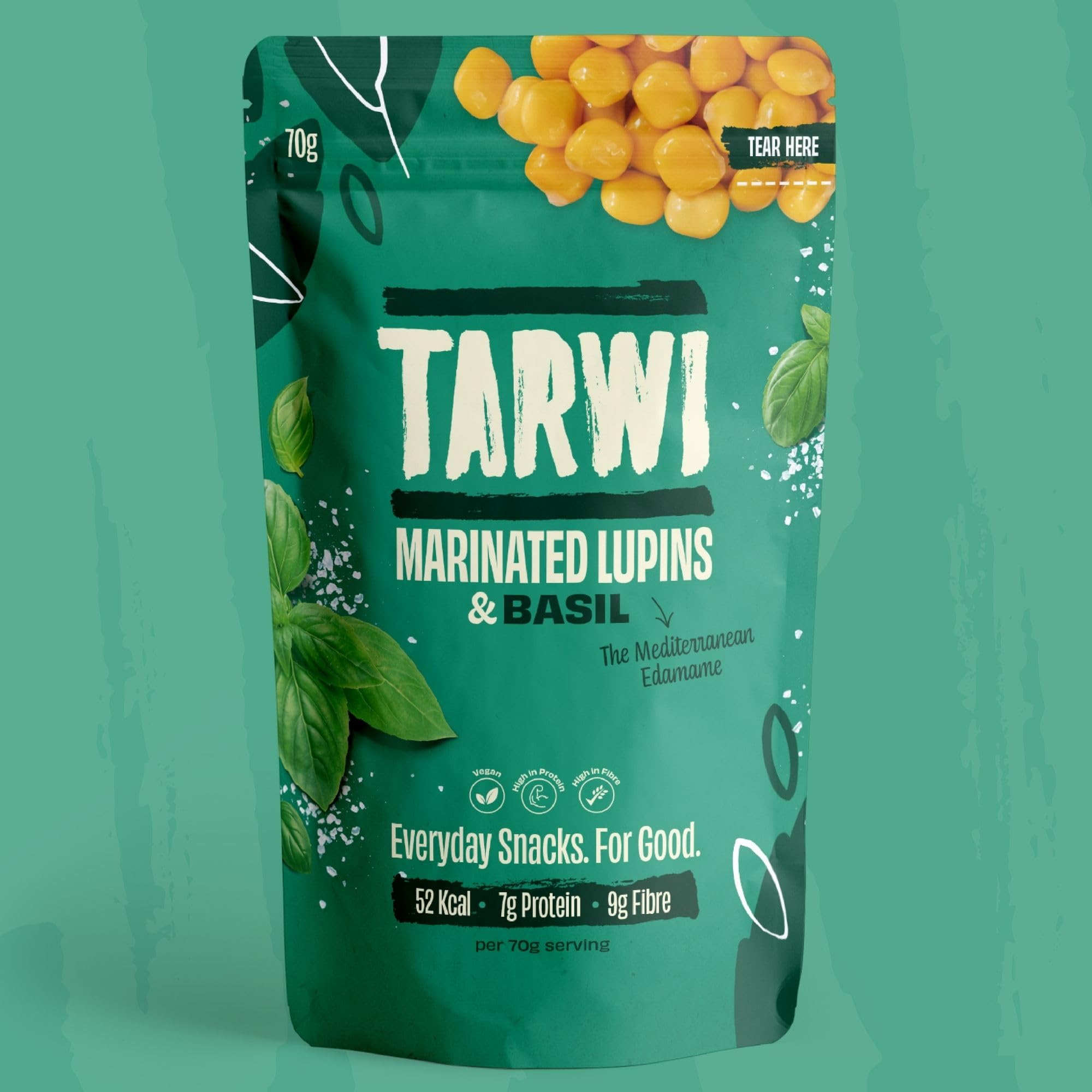 Tarwi 100% natürliche Lupinen mit Basilikum Eiweißreicher Keto Snack Zuckerarmer Beutel Pflanzliches Eiweiß Kohlenhydratarmer Ballaststoffreicher Veganer Snack Marinierte Lupinibohnen - 12 x 70g