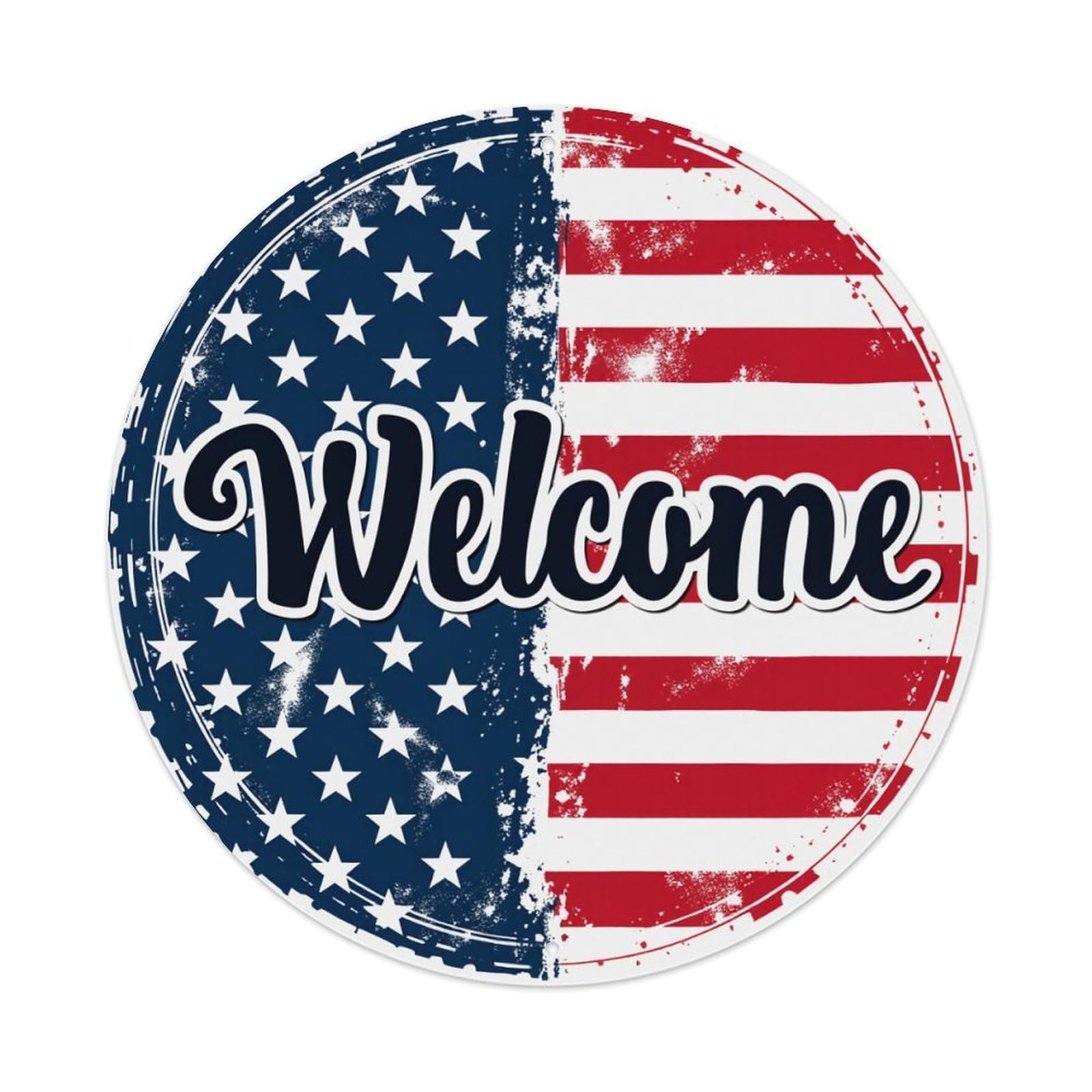 American Flag Welcome Design Round Tin Sign Vintage Metal Poster, Home Bar Garage Man Cave Cafe Indoor & Outdoor Wall Decoration 8x8Inches