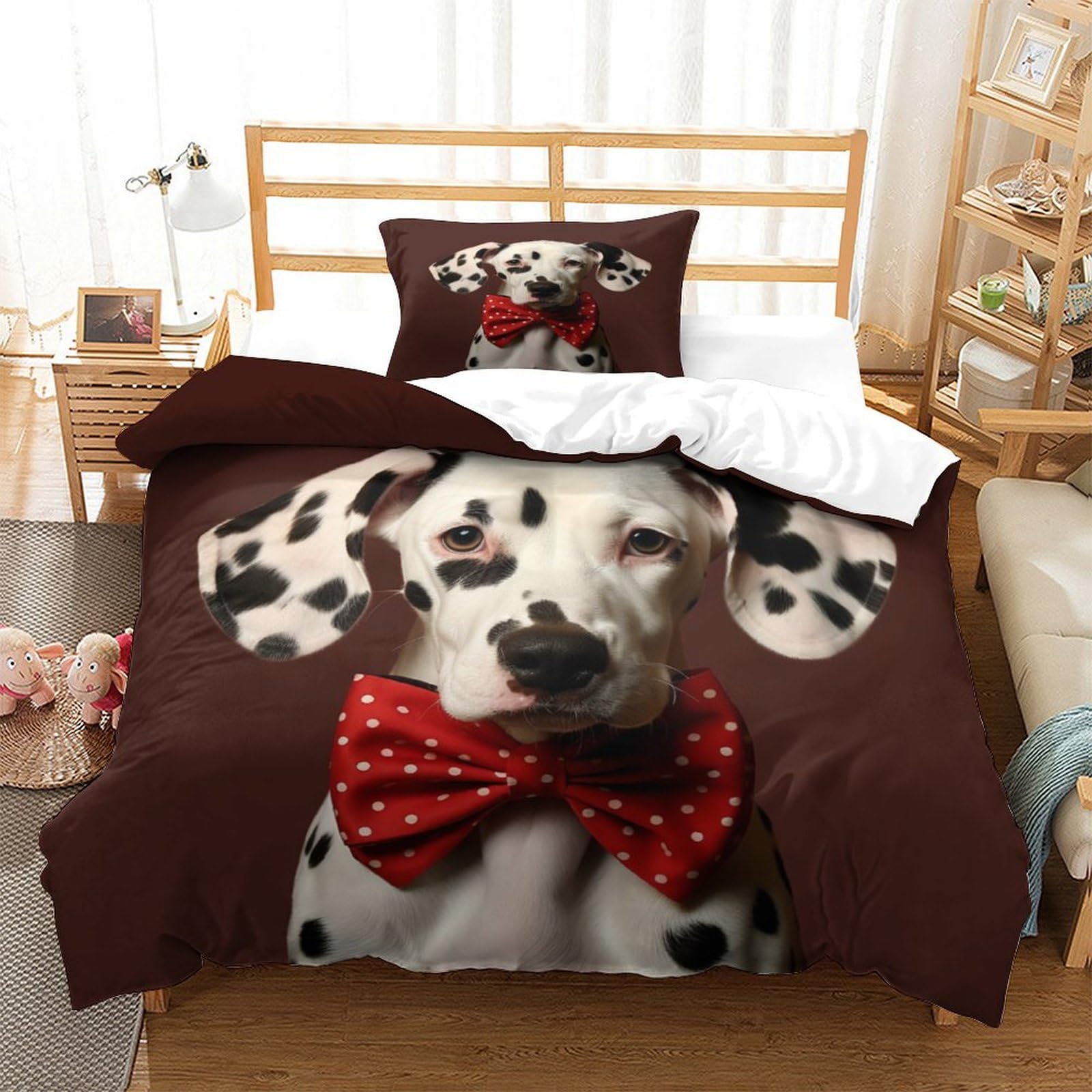 P1S9U7W5Y 3D Printed Playful Dalmatian Dog Animal 3 Piece Duvet Cover Set Microfiber Bedroom Decor Pet Lovers Bedding Set for Adults Teens Single（135x200cm）