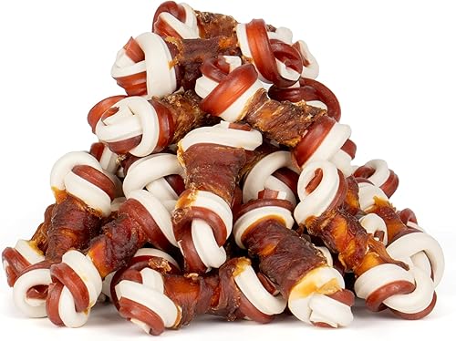 MON2SUN Golosinas para perros sin cuero crudo de 2.5 pulgadas con verduras mixtas, mini huesos de nudo envueltos en pato para perros pequeños,