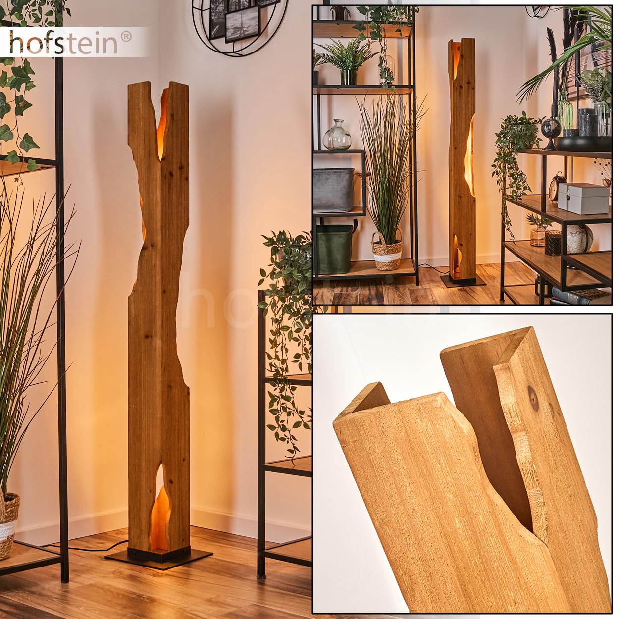 HOFSTEIN Stehleuchte Sernadelo, moderne Stehleuchte aus Metall/Bambus in Schwarz/Naturfarben, geschwungene Leuchte im Boho-Style mit Fußschalter am Kabel, Höhe 141 cm, 4 x E27, ohne Leuchtmittel